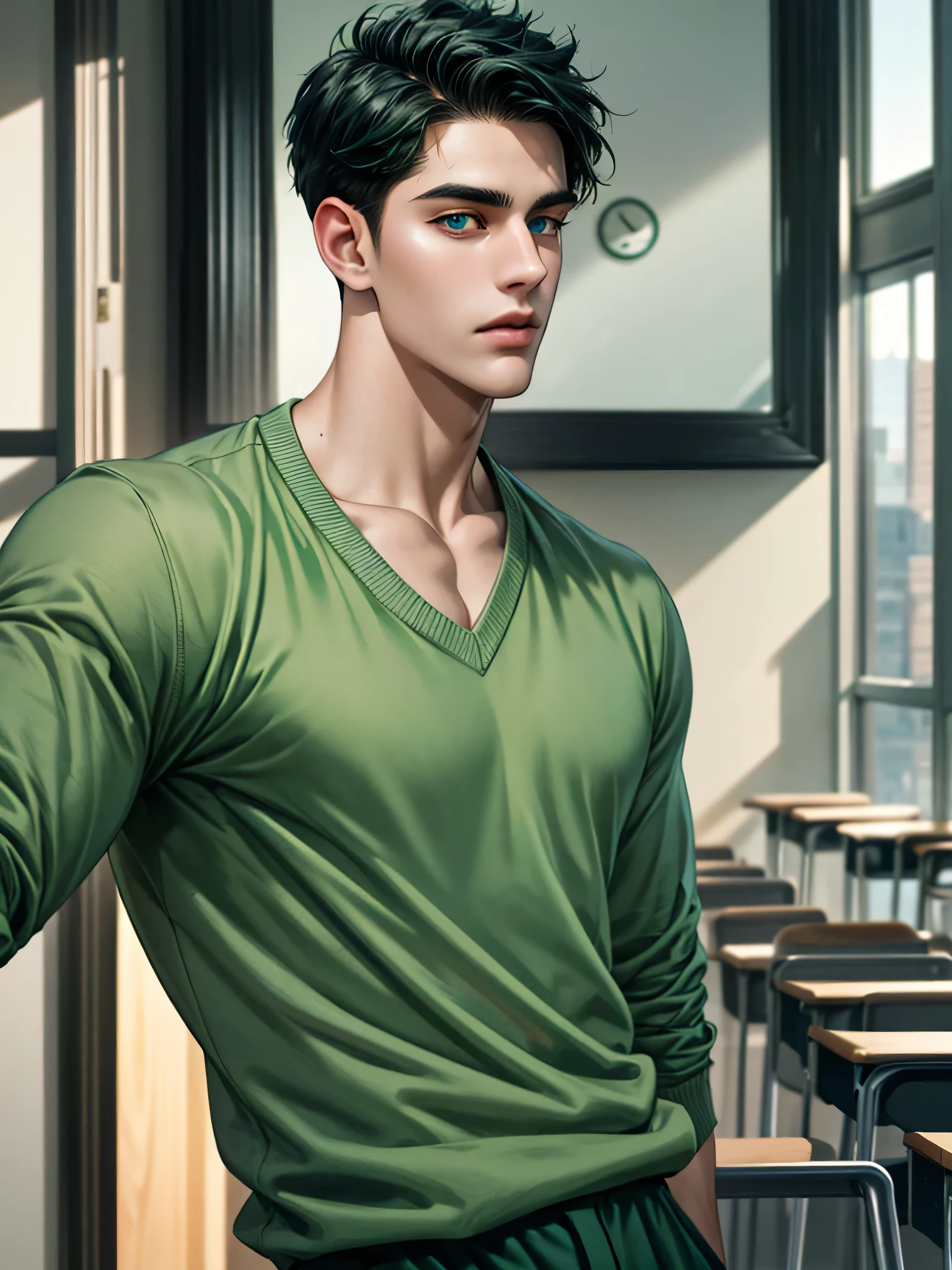 Handsome young man, black hair short hair, blue eyes, ombros largos, masterpiece, Absurd, Beautiful and detailed face, with dark green long sleeve adidas sweater, wide green pants, daytime environment, in a classroom