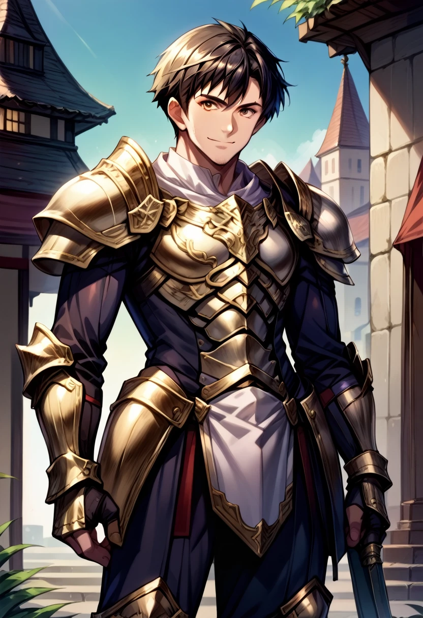 score_9, score_8_up, score_7_up, score_6_up, BREAK source_anime, feh_seoreh_pnxl, 1boy, solo, short_hair, black_hair, looking_at_viewer, smiling, white_armor, gold_armor, heavy gauntlet, standing, posing, anime_coloring, fullbody shot, outdoor