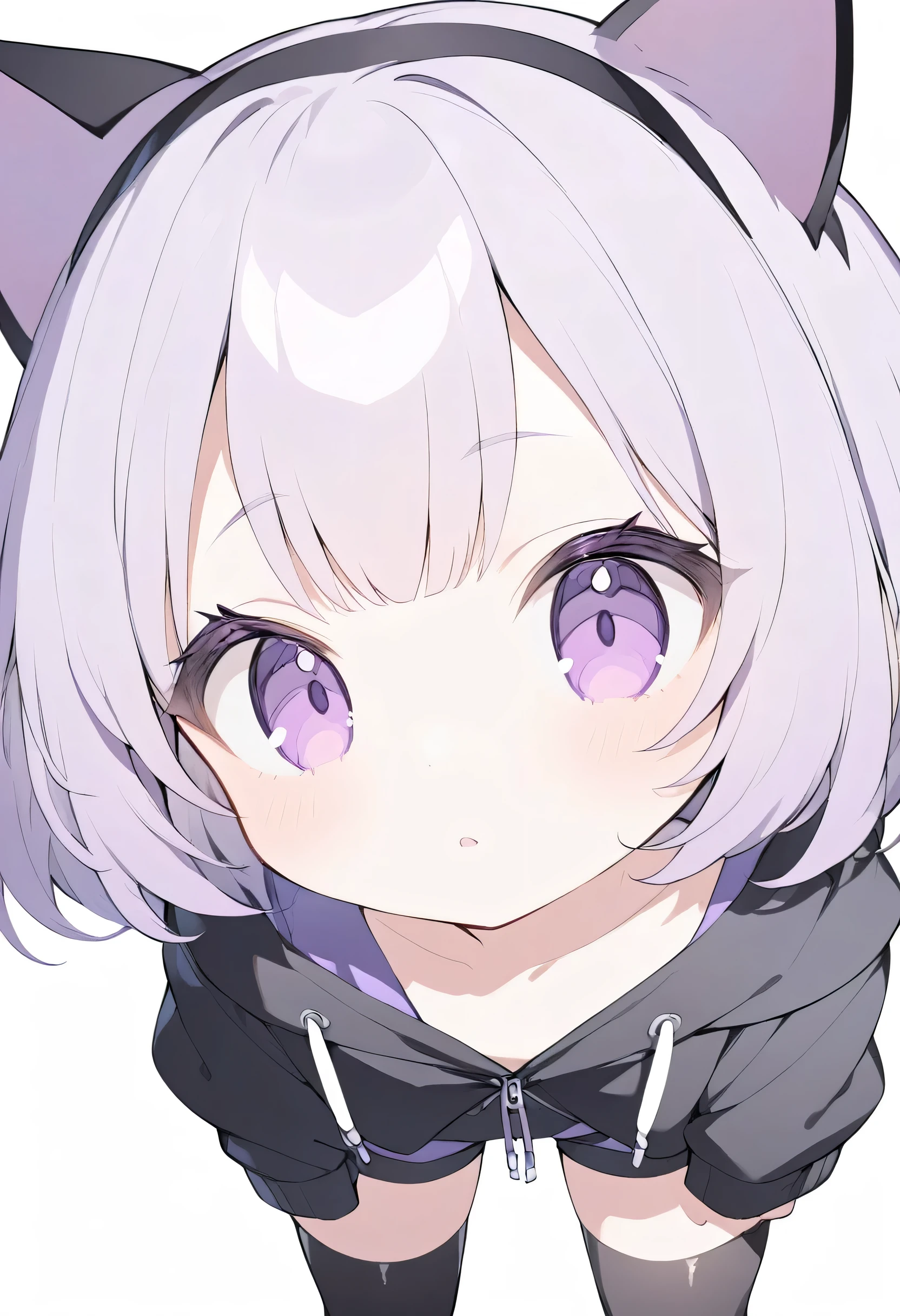 Best Quality、Detailed、White background、Shiny Hair、Light purple hair、Hime cut、Short Hair、Big purple eyes、Double、Long eyelashes、Droopy eyes、Black hoodie、Black shorts、Black knee-high socks、Black cat ears headband、Looking at the camera、Angle from the front