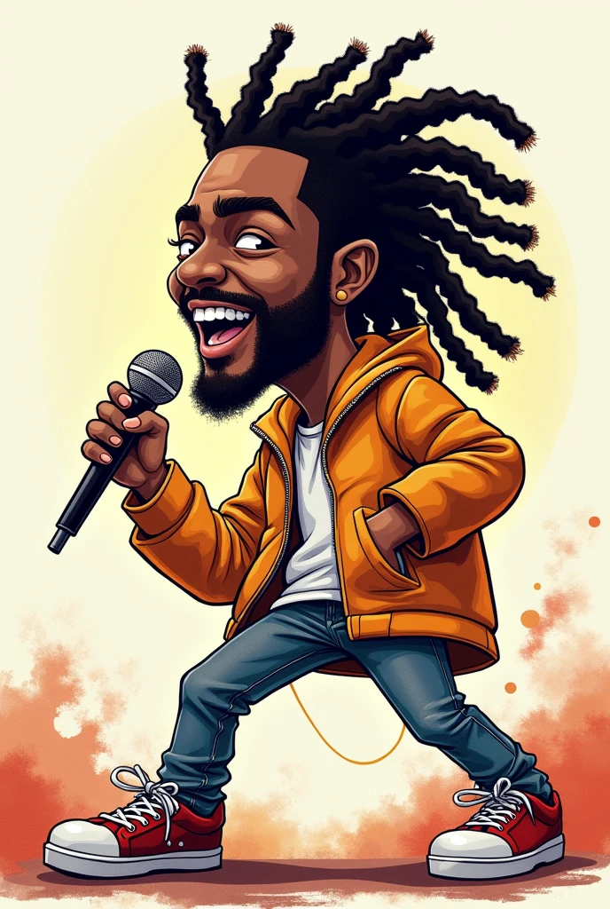 Caricature, black vocalist with dreadlocks, holding a microphone and rap-battling, cool, super deformed, line art, watercolor