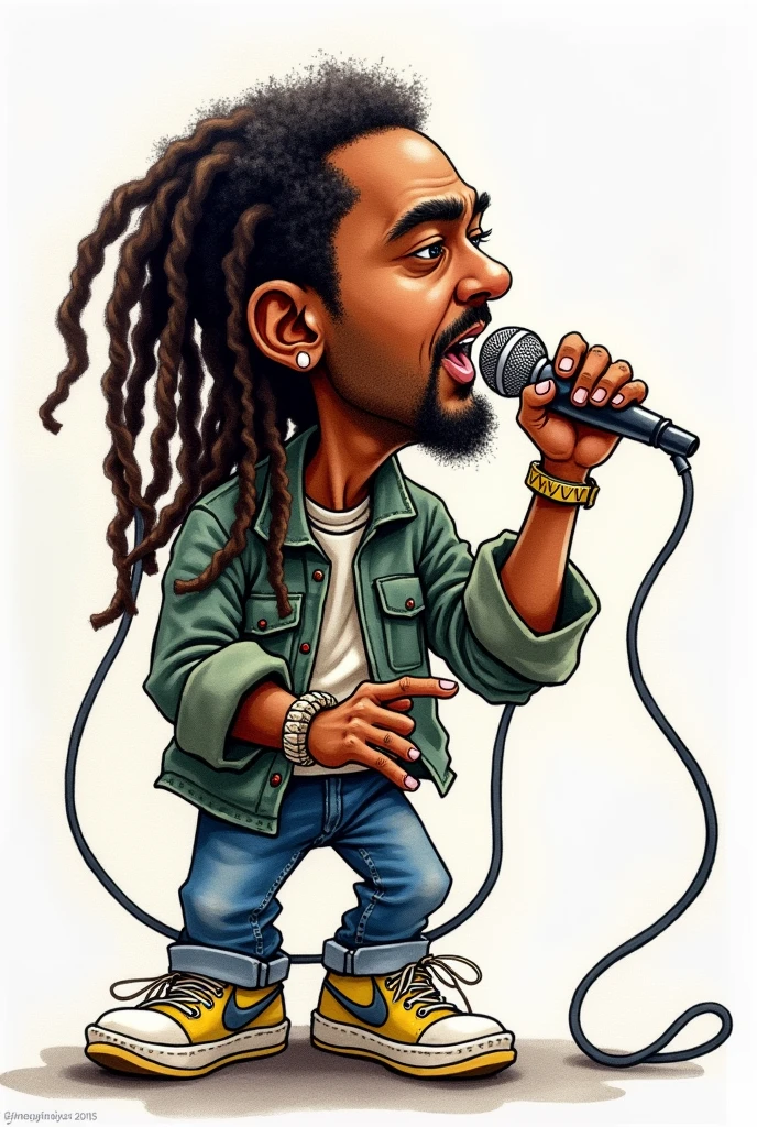 Caricature, black vocalist with dreadlocks, holding a microphone and rap-battling, cool, super deformed, line art, watercolor