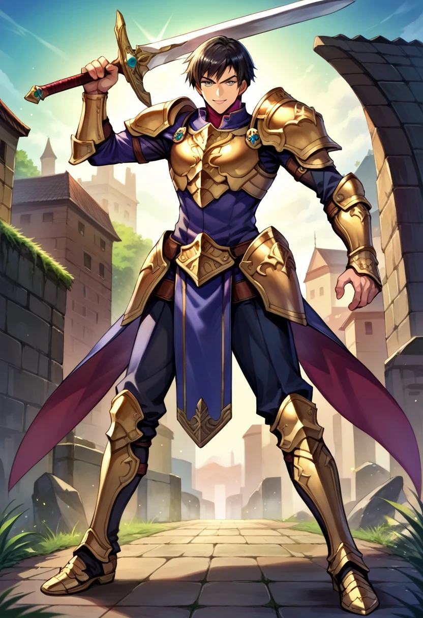 score_9, score_8_up, score_7_up, score_6_up, BREAK source_anime, feh_seoreh_pnxl, 1boy, dynamic pose, weapon, sword, solo, short_hair, black_hair, looking_at_viewer, smiling, fullbody armor, white_armor, gold_armor, heavy gauntlet,  anime_coloring, fullbody shot, outdoor