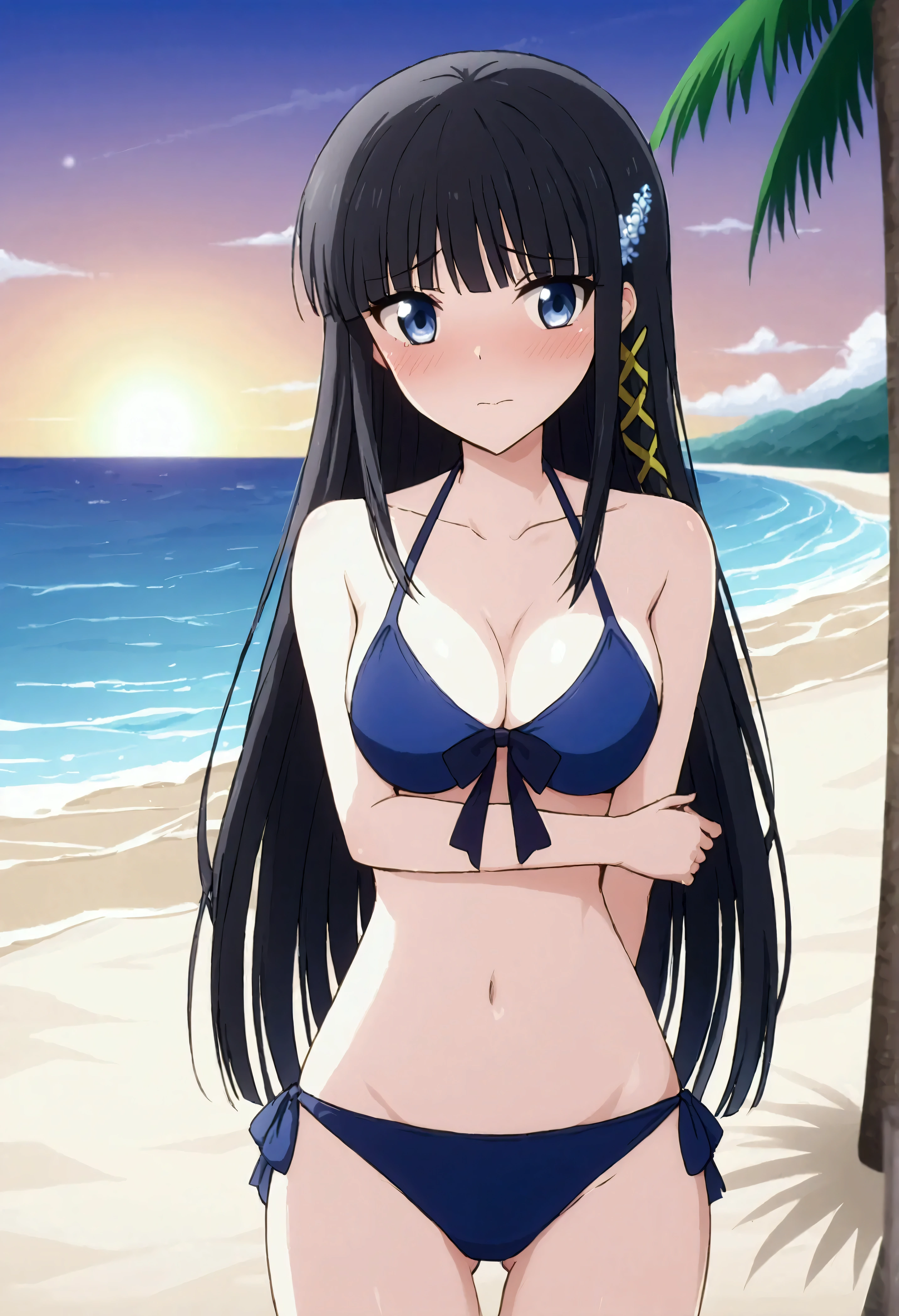 NSFW,masterpiece,Best Quality,High resolution,Very detailed,Shiba Miyuki\(The Irregular at Magic High School\),Long Hair、blue eyes、Black Hair、Hair accessories、ribbon、ヘアribbon、雪の結晶のHair accessories、bangs、鈍いbangs,Sexy Swimwear,Halter neck,Embarrassed,blush,beach,Palm trees