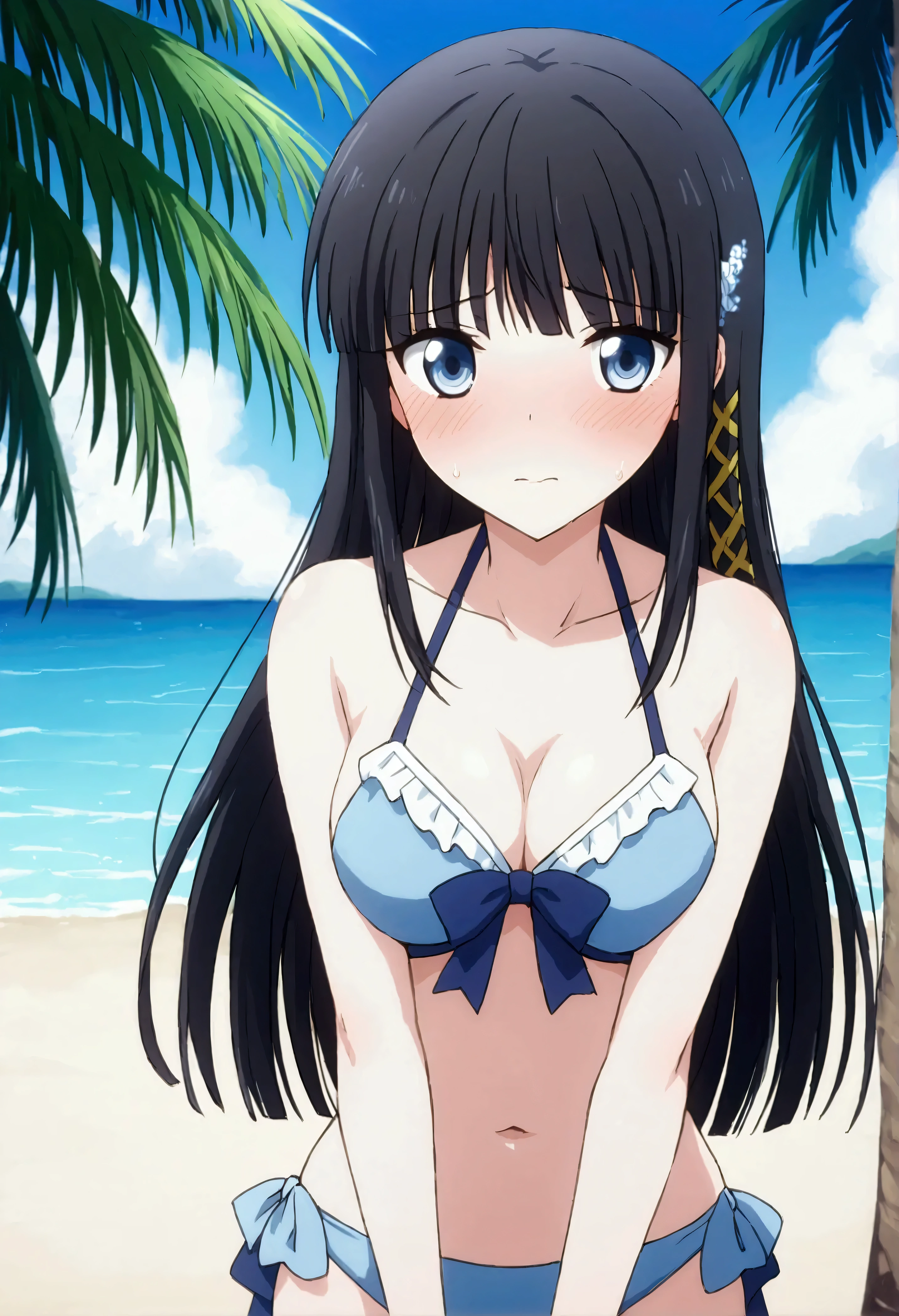 NSFW,masterpiece,Best Quality,High resolution,Very detailed,Shiba Miyuki\(The Irregular at Magic High School\),Long Hair、blue eyes、Black Hair、Hair accessories、ribbon、ヘアribbon、雪の結晶のHair accessories、bangs、鈍いbangs,Sexy Swimwear,Halter neck,Embarrassed,blush,beach,Palm trees