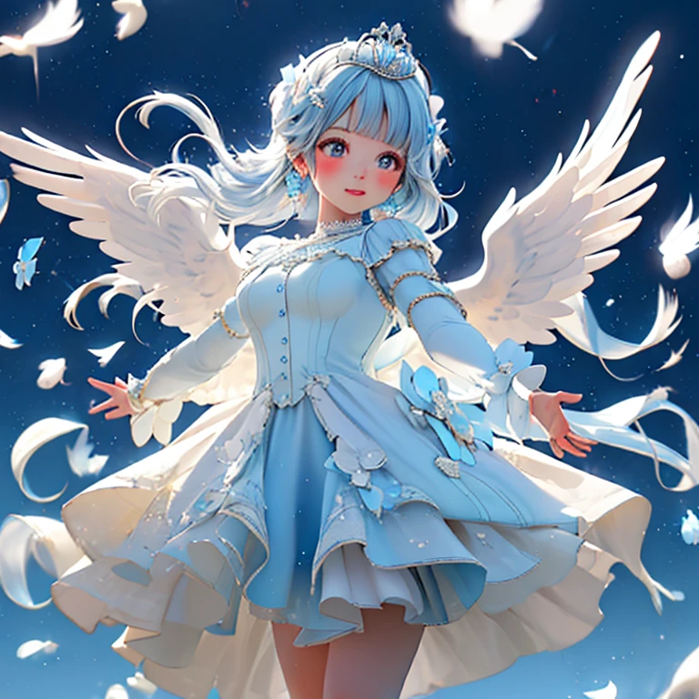 And white drops fall from the sky、Angel Wings、Angel Halo、Mysterious ,Looking from below,Blue Dress,White frills,Tiara,Earrings,Hands outstretched,Many feathers fluttering