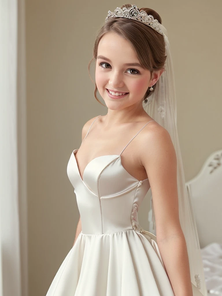 A European girl, blonde ponytail, BREAK, baby face, standing, (satin princess dress, white wedding dress:1.4), BREAK, (wedd00ing:1.2), (tiny tits, tt_flat), shooting from side, armpit, smiling, blushing face, bedroom, 