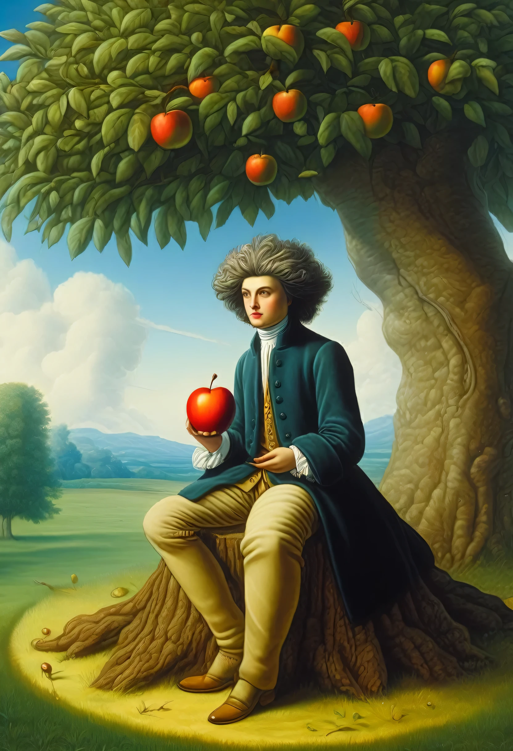 (highest quality, high quality, surrealism: 1.23), Newton with an apple perched on a stump, 17th-century attire, under a large tree, solitude, poetic composition that encompasses great tranquility, vivid colors, illustrations, masterpieces