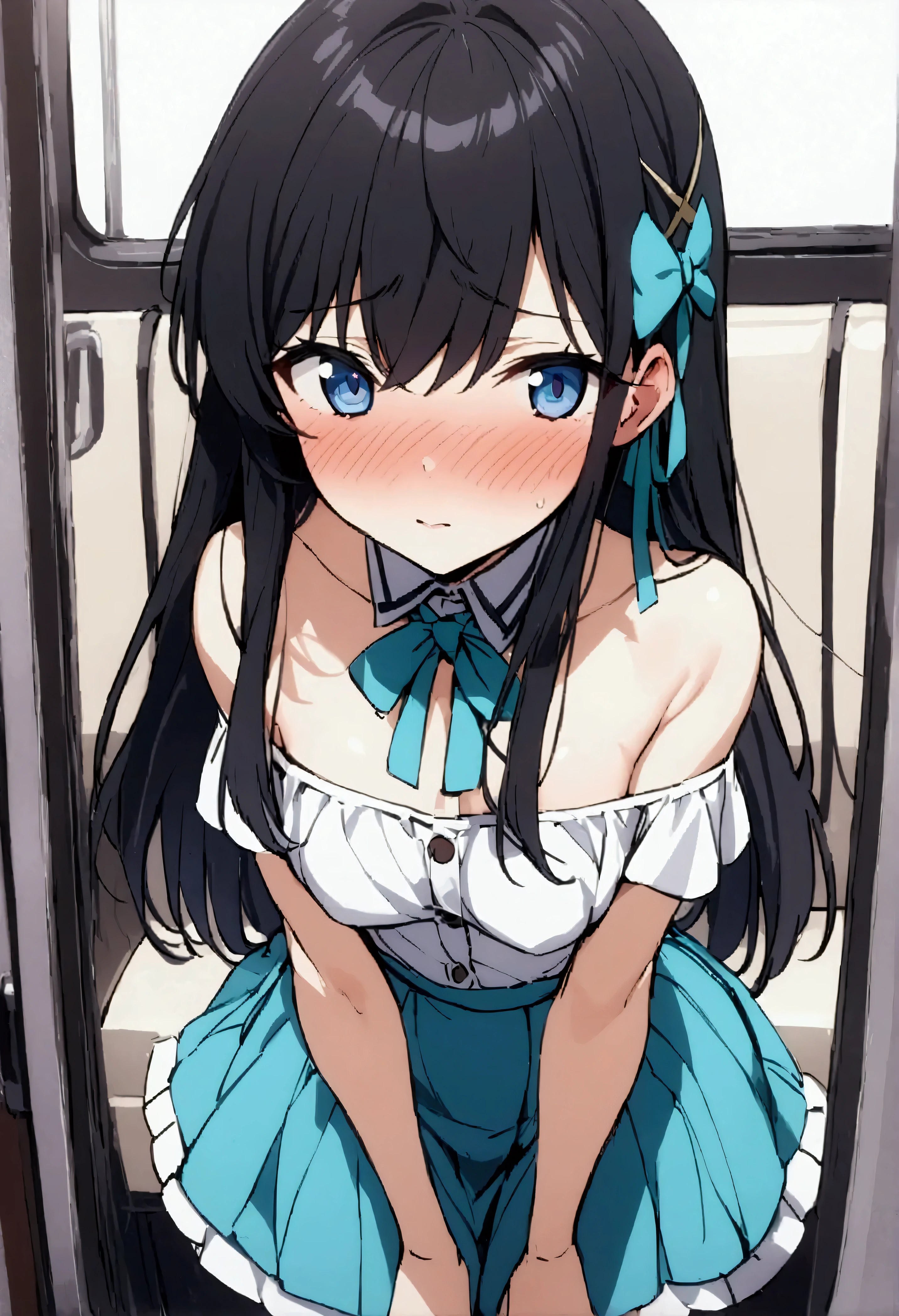 NSFW,masterpiece,Best Quality,High resolution,Very detailed,Shiba Miyuki\(The Irregular at Magic High School\),Long Hair、blue eyes、Black Hair、Hair accessories、ribbon、ヘアribbon、雪の結晶のHair accessories、bangs、鈍いbangs,Off-the-shoulder shirt,Micro Mini Skirt,Heeled Sandals,Inside the train,Embarrassed,blush