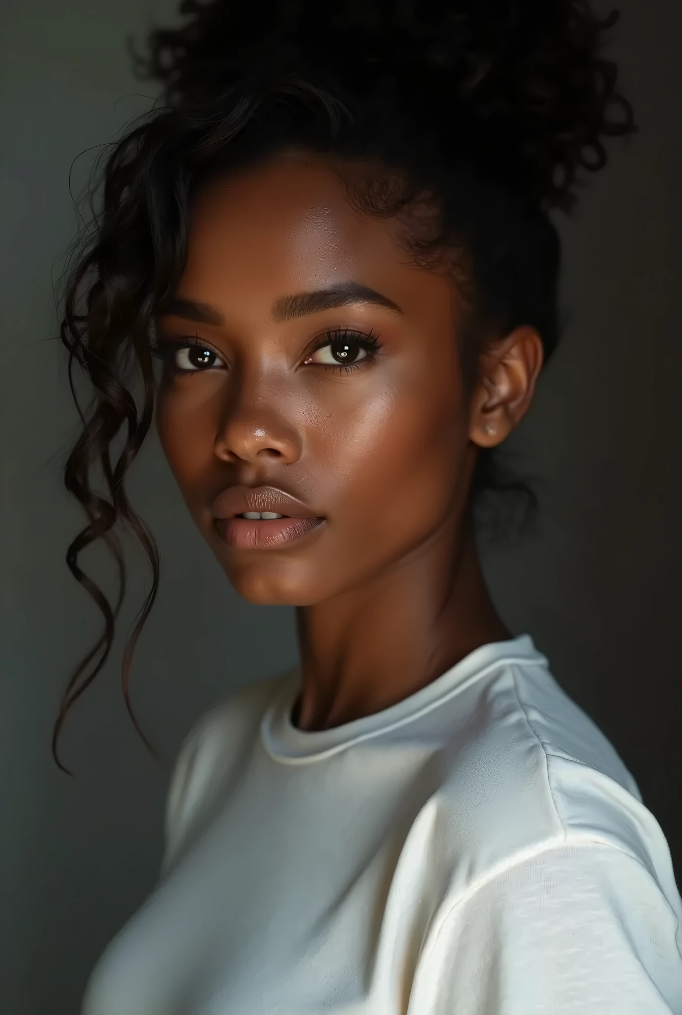 raw photo of beautiful female, looking at camera, centered portrait upper body, Miss Somalia, slim perfect face, natural look, playmate, curly hair, wet hair tied in a bun, supermodel, jet-black skin, moist skin, blushing cheek, very very small bust, closing eyes, feeling ecstasy, nude skin, in photo studio