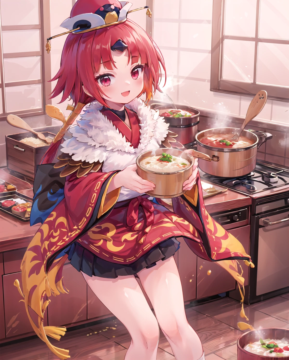 ((masterpiece,best quality:1.2)),(curry and rice:1.3),kitchen,(Put curry in the kitchen:1.2),smile,1girl,be_nienma,wide sleeves,((red japanese clothes:1.2)),red hair, parted sleeves past wrists,Black mini skirt,hat