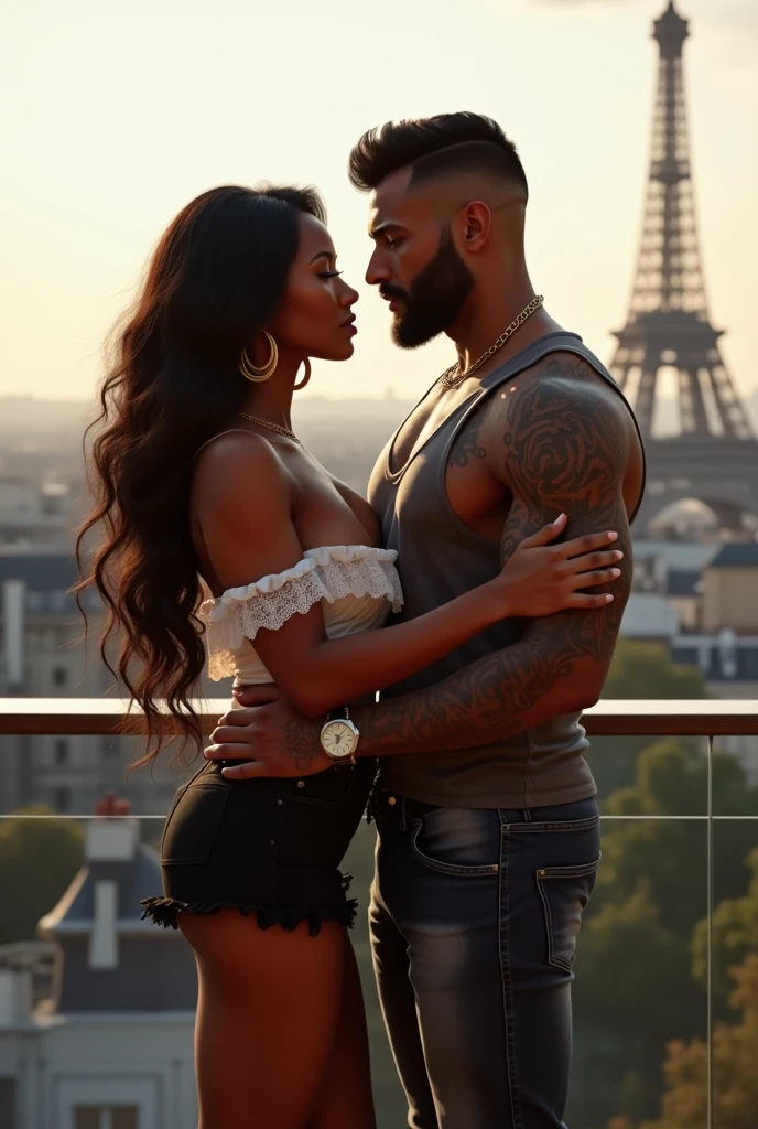 A couple having wheatish skin colour wearing normal clothes. the boy has no facial hair. Girl has size 32c and is very fair in colour standing in front of effiel tower