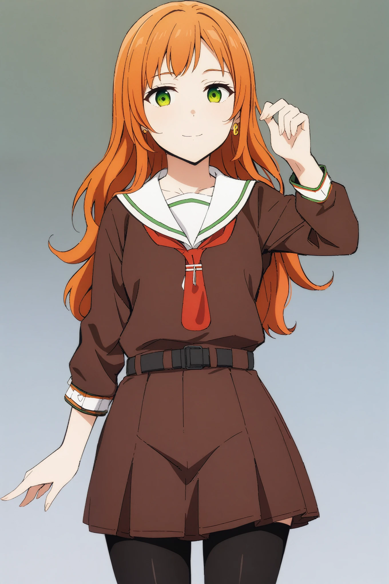 (masterpiece, best quality, very aesthetic, ultra detailed), score_9, score_8_up, score_7_up, source_anime,
TachibanaKotoha,
1girl, closed mouth, light smile,
Orange hair, long hair, hair between eyes , green eyes, earrings,
 white shirt, black skirt,  fanny pack, red bag,
standing, looking at viewer,
outdoors, 