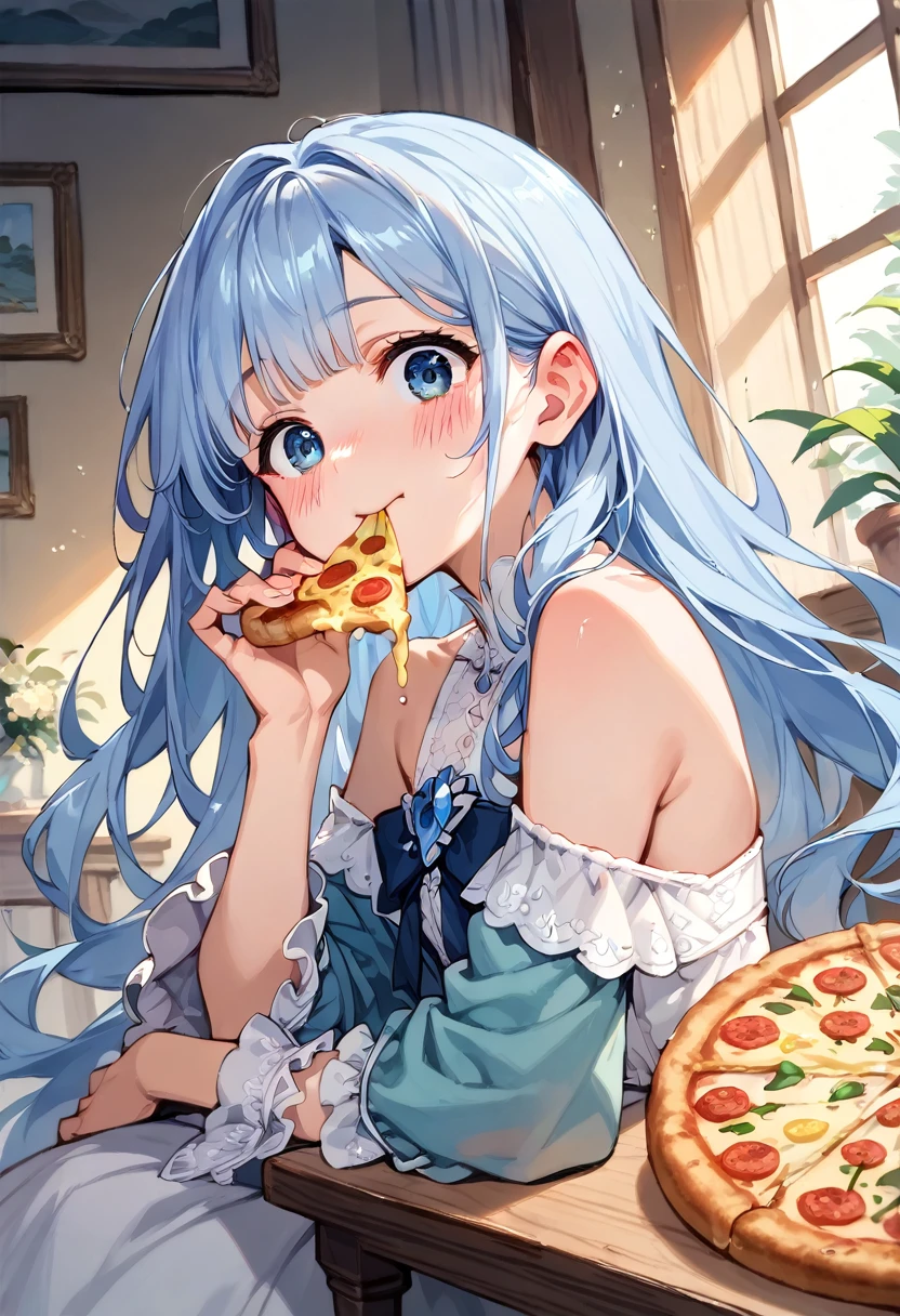 masterpiece, best quality, extremely detailed, (illustration, official art:1.1), 1 girl ,(((( light blue long hair)))), ,(((( light blue long hair)))),light blue hair , , long hair ((blush)) , cute face, masterpiece, best quality,(((((a very delicate and beautiful girl))))),Amazing,beautiful detailed eyes,blunt bangs((((little delicate girl) )))),(((tareme))),droopy eyes.(true beautiful:1.2), sense of depth,dynamic angle,,, while light cheese drips from the top , affectionate smile, (true beautiful:1.2),,(tiny 1girl model:1.2 ),)(flat chest), girl,Ten years old、 cute, short hair, Big blue eyes, Biting into melted cheese pizza、Eat pizza deliciously,:o,Surprised