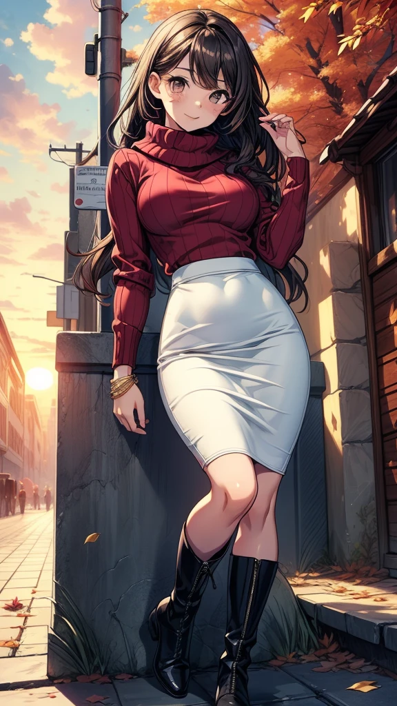 (dark red blouse,sleeveless:1.3),black and long flare skirt,(plump arms),single mole on cheek,black hair,voluminous hair,unkempt hair, tall woman,27 years old,(fair skin:1.3),(cute eyes,tareme),plump oval face,light makeup,standing in train,