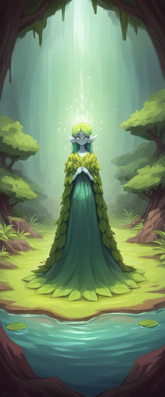 Create a depiction of a Nailythari, a small, graceful humanoid race standing between 1.40m and 1.60m tall. The Nailythari have shimmering, slightly wet-looking skin that reflects light in shades of green, blue, and silver, depending on their surroundings. Their eyes glow softly in hues of aqua or emerald, filled with a sense of wisdom and compassion. Their hair is sleek and flows in natural colors such as deep blue, moss green, or earthy brown, often appearing to flow like water. They wear simple, organic clothing made from woven plants and natural fibers, with occasional adornments of shells or leaves.
The Nailythari inhabit a lush forest setting near a serene river or lake, surrounded by an abundance of healing plants and vibrant greenery. Their environment should feel peaceful and mystical, with a clear connection to nature. One of them is seen performing a healing ritual, using their hands to channel water and natural energy, while nearby herbal mixtures and glowing potions sit on a stone altar. Their connection to the water is evident through small streams and droplets of water that float around them, almost as if the water itself responds to their presence.
Their posture is serene and calm, emphasizing their role as healers and protectors of nature, with a warm, welcoming aura.
