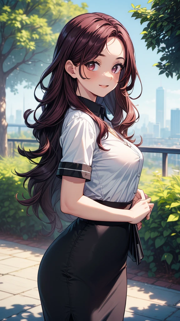 master piece, extremely detailed, high resolution, Haruba Negi style, girl, ponytail, brown hair, white short sleeve shirt, light blue bow tie, mid-bust, slim waist, diamond eyes, checkered mini skirt, crouched posture, smiling happily with closed mouth, glossy plump lips, pink lips, glossy hair, looking at camera, blushing and embarrassed, park with stone steps overlooking the sea in the background, port town visible, long bangs, brown eyes