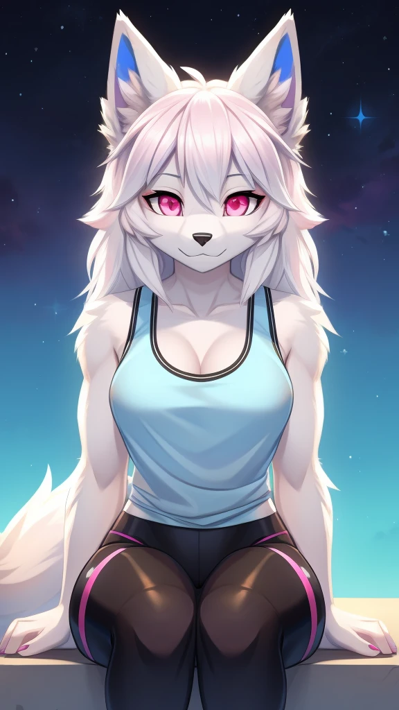 Female fluffy wolf, protogen, animal-human, white fur, pink eyes, blue ears, white tank top, medium chest size. 