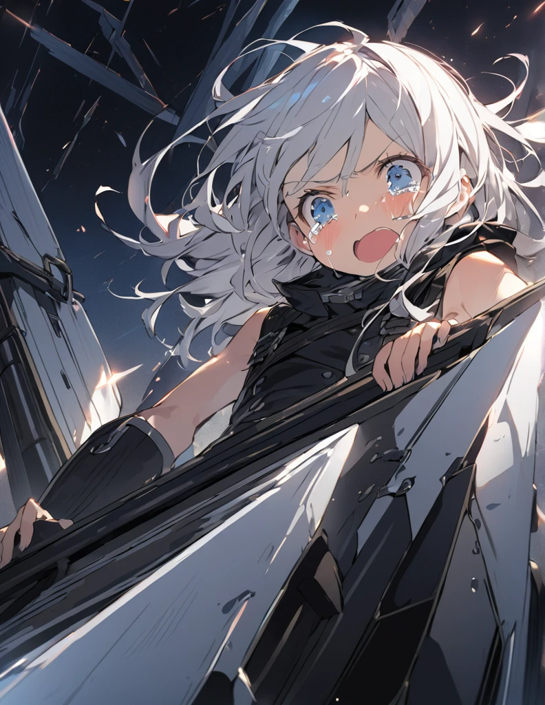 A white-haired girl crying in the cockpit of a giant weapon