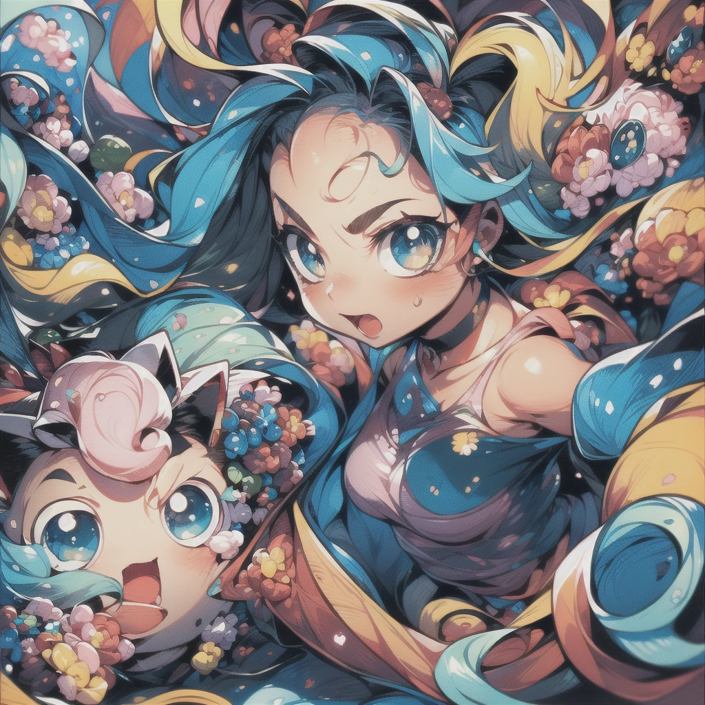 masterpiece,best quality, Jigglypuff girl, girls surrounding, multiple girls