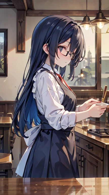 最high quality, high quality, 超high quality, 8k, masterpiece, detailed, extremely detailed, insanely detailed, ultra detailed, Ultra-high resolution ,Exquisite, Working at a wooden counter, Beautiful woman, Long, straight black hair, Tie at back, Wearing a white long-sleeved shirt and a black apron, Have the tools to make coffee, Thoughtfully and focused on beverage preparation, Indoor Cafe, Warm lighting, A neat wooden shelf lined with glasses and cups, Cozy atmosphere, Low angle shot, Balanced Exposure.