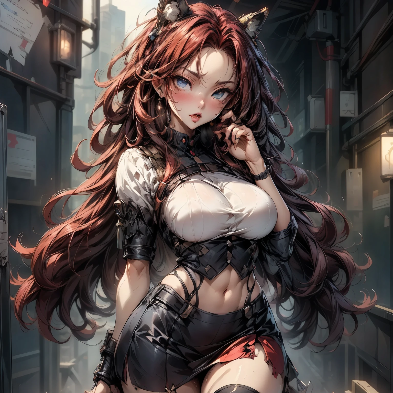 ((best quality)), ((Masterpiece)), ((Enrich the picture，Masterpiece level quality)), an image of a beautiful cyberpunk female, mature woman, fierce woman, cyberpunk theme, hips up, samurai girl, cyberpunk, fantasy, ((black hair, long hair)), beautiful golden eyes, super eyes details, จมูกโด่ง, ปากแดง, หน้าอกใหญ่, perfect proportions, ultra detailed, volumetric lighting, soft lighting, glossy skin, intricate golden embroidery, ต่างหู, slender fingers, close up face, sexy black mini skirt, sexy red mini bikini, แขนตรง, Night city,