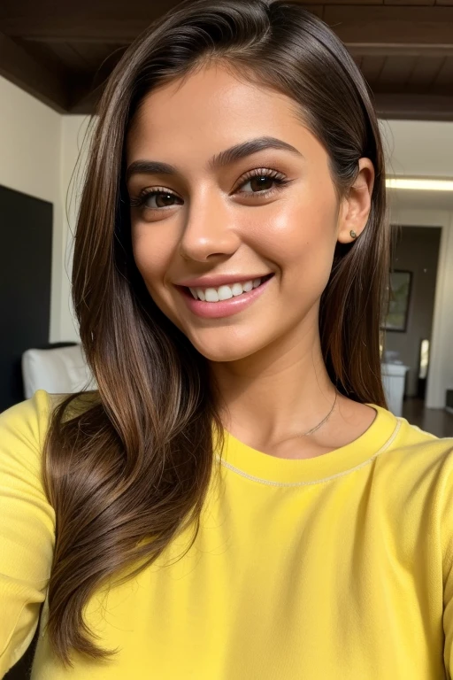 20YO, small nose, one women,attractive, Jordanian, Arab, Bright Yellow shirt, cute smile, cute face, white teethes, skinny face, light brown eyes, black/blonde long hair, modest