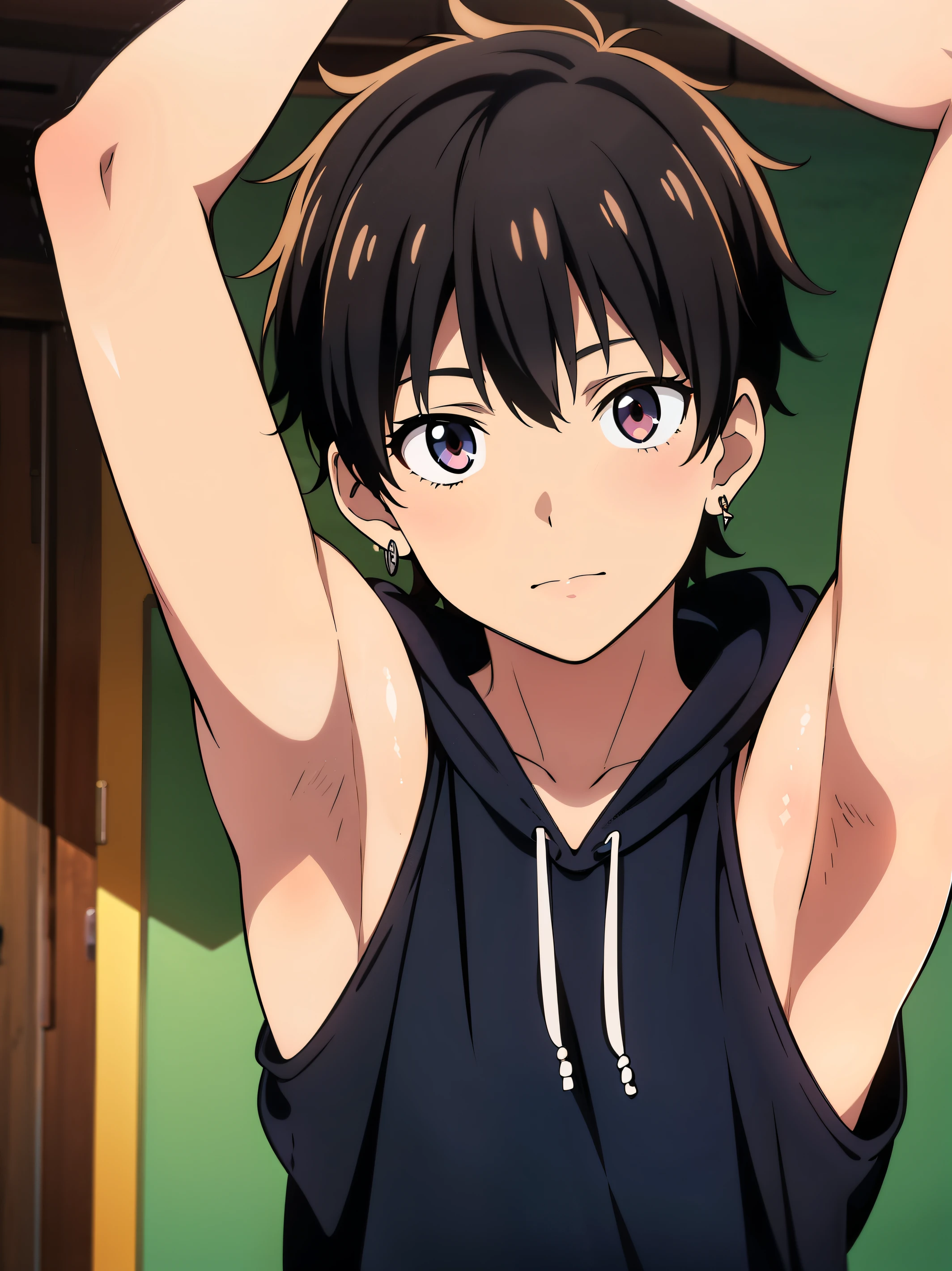 Highres, Masterpiece, Best quality at best,Best Quality,hight quality, hight detailed, Anime style, 1boy, Boy, Shota, Solo person, hansome, Messy hair, Earring, Sleeveless hoodie, Upper body, Summer day, Laugh, Slim body, Blurry beckground, Seen from the front, (Showing armpit:1.3), (very young boy), (very small and short body), Uhd