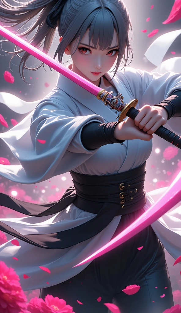 , Alone, Cute Sexy Ninja, White robes, Ash grey supple hair, Chainmail like a shrine maiden, Black and pink trade colors, Quick and Agile Movement, Dynamic Action, Disappear, Covert Action, Beautiful sword dance