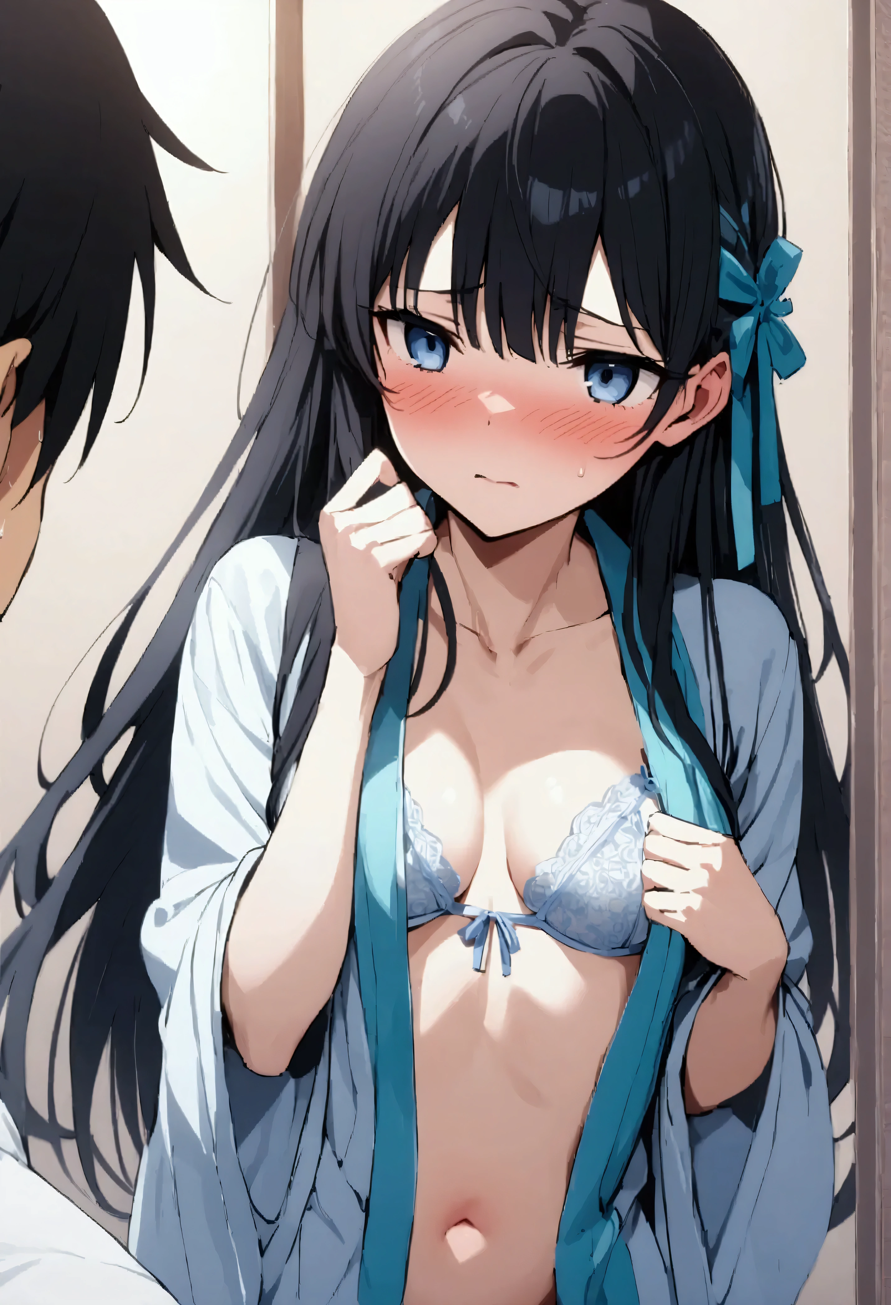 NSFW,masterpiece,Best Quality,High resolution,Very detailed,Shiba Miyuki\(The Irregular at Magic High School\),Long Hair、blue eyes、Black Hair、Hair accessories、ribbon、ヘアribbon、雪の結晶のHair accessories、bangs、鈍いbangs,High-quality light blue lace lingerie,White bathrobe,Open Front,Open clothes,Embarrassed,blush,Love Hotel,Bedroom,Look Away