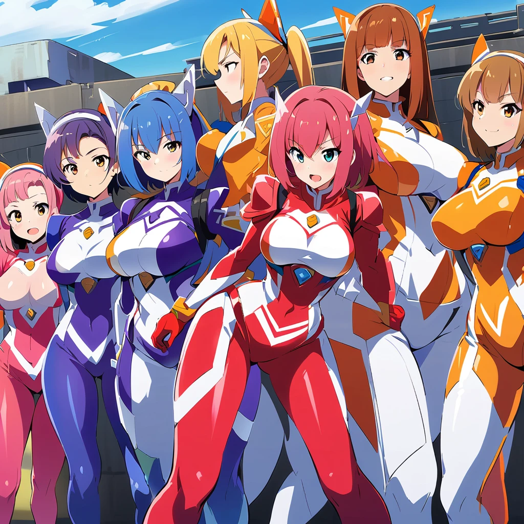 super sentai series, hero suits, girls surrounding, multiple girls, (masterpiece, best quality, ultra detailed), (code geass style, ), ( romantic, ), (close distance front face shot),