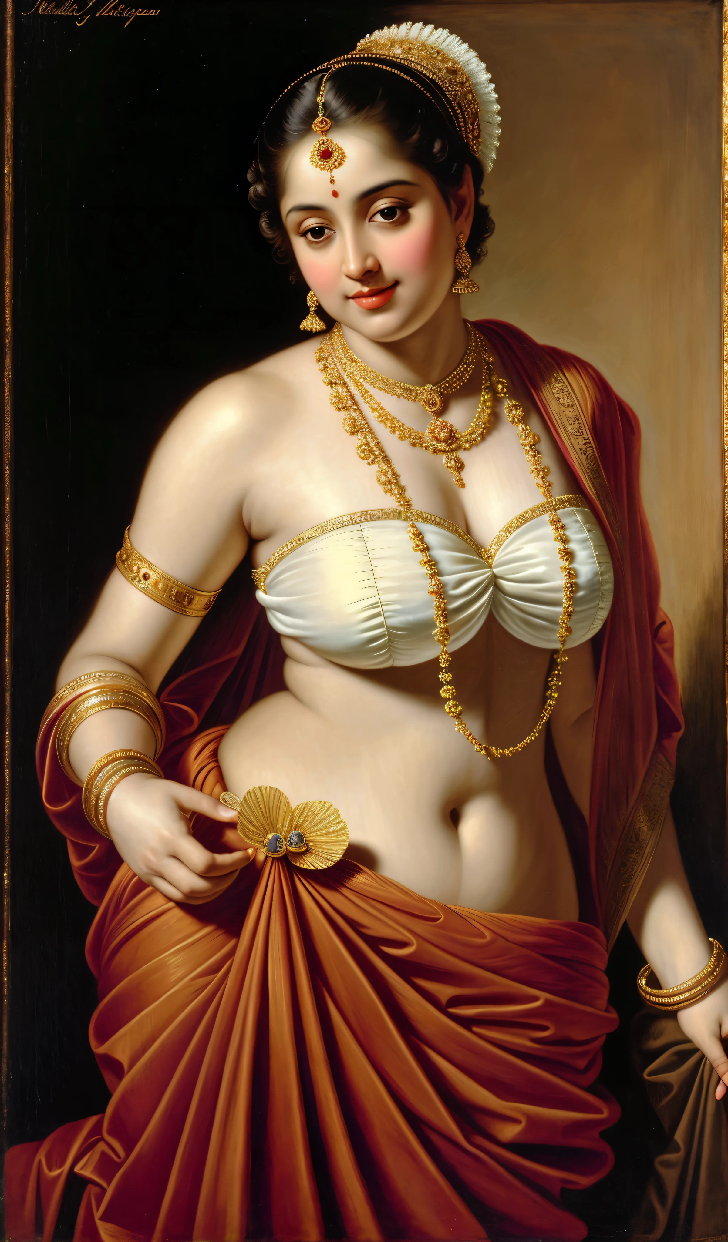 Beautiful Indian Woman, wearing saree, sari Beauty, gorgeous, Apsara, Maharani, royal queen woman, nymph from Hindu Mythology, Urvashi, matchless beauty, Highly detailed, Oil Painting by Peter Paul Rubens inspired by Raja Ravi Varma, Matchless beauty, captivating, gorgeous, heavenly beauty, celestial beauty, by Peter Paul Rubens, 1893, realistic, hyper realistic, micro details, incredible artwork, insane details, ultra High resolution, 8k, 32k, acrylic on canvas, intricate, flawless, detailed, detailed face, detailed eyes, masterpiece, by Peter Paul Rubens, by Caravaggio, by William Adolphe bouguereau, perfect face, perfect body, beautiful art, realism, baroque, renaissance Art, highly textured, beautiful and detailed eyes, uhd, best quality,