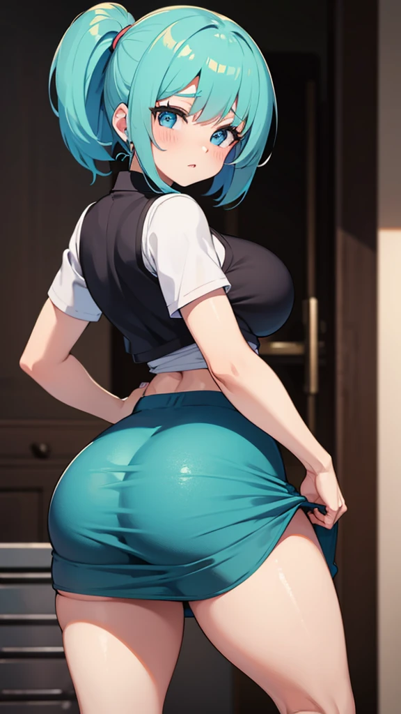 Bulma from Dragon Ball, with very short shorts, without a blouse, with big breasts, with her big ass, with a model pose, sweating, with good curves