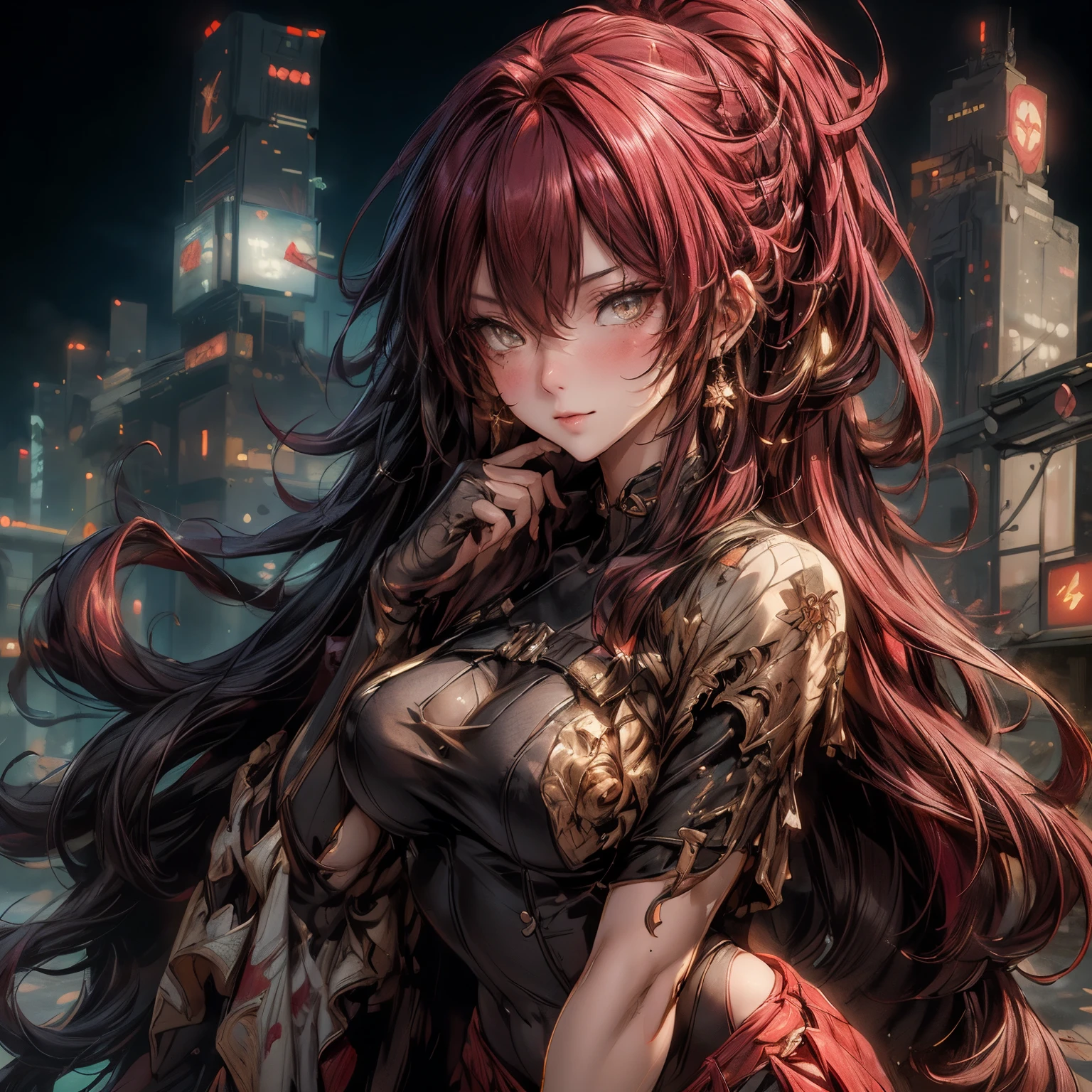 ((best quality)), ((Masterpiece)), ((Enrich the picture，Masterpiece level quality)), an image of a beautiful cyberpunk female, mature woman, fierce woman, cyberpunk theme, hips up, samurai girl, cyberpunk, fantasy, ((black hair, long hair)), beautiful golden eyes, super eyes details, จมูกโด่ง, ปากแดง, หน้าอกใหญ่, perfect proportions, ultra detailed, volumetric lighting, soft lighting, glossy skin, intricate golden embroidery, ต่างหู, slender fingers, close up face, sexy black mini skirt, sexy red mini bikini, แขนตรง, Night city,