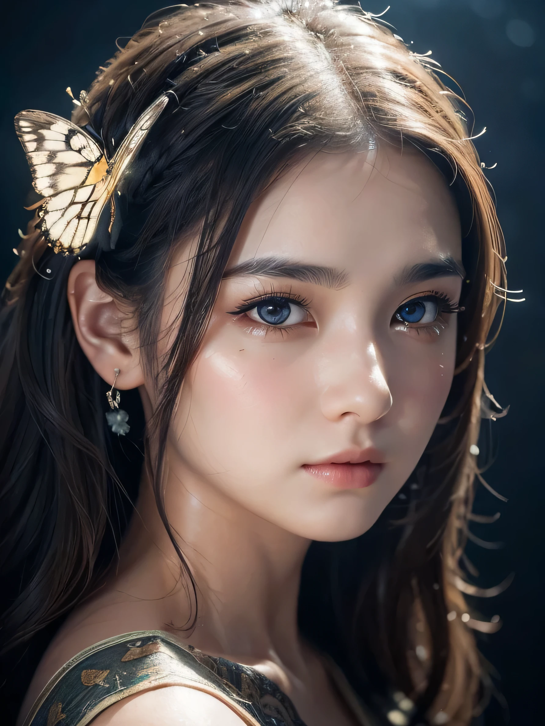 A beautiful girl with butterfly hairstyle,(detailed facial features:1.2),dark eyes,small rounded eyes,thick narrow eyebrows,cute flat nose,thick lips,round face,intricate details,fantasy portrait,cinematic lighting,highly detailed,photorealistic,vibrant colors,chiaroscuro,dramatic shadows,ethereal,magical realism
