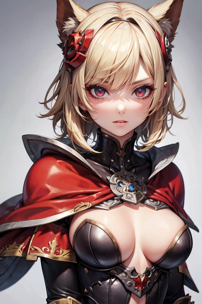 Blonde Short Hair, One Girl, Wearing shiny silver breast armor、 Red headband, One eye is hidden by hair, Red Cape, With gloves on,  ((Anatomically correct, UHD, masterpiece:1.2, textured skin:1.3, high details:1.1, best quality, highres:1.3))