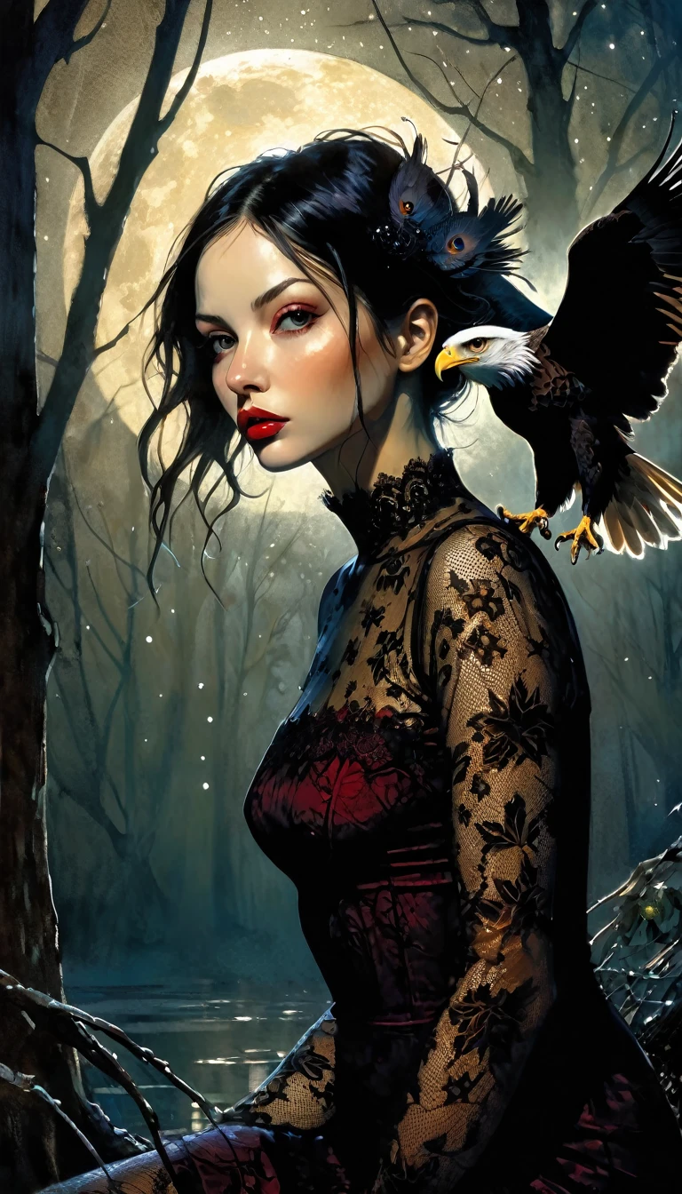 girl and eagle,forest, calm, night, moons, stars, eroticism, sexy, sexy lace dress, garnet tones, between shadows, oil painting, chiaroscuro, sensual, dramatic lighting, moody atmosphere, photorealistic, intricate details, masterpiece, ultra-detailed, high quality, 8k, best quality, realistic, cinematic, dark and brooding, expressionistic, powerful composition, emotional impact, {{{,{pussy,spread her pussy,cum,cum on pussy,masterbation,straddling,y}}},cute,ultra detailed skin,sketch}}}, ,}}}, art inspired by Bill Sienkiewicz and Dave McKean (best quality, 4k, 8k, high resolution, masterpiece: 1.2), ultra-detailed, (realistic, photorealistic, photorealistic: 1.37), details intricate, vivid colors, sharp focus, professional, Dave McKean artwork, surrealism oil touch, oil painting style, portrait, woman, beautiful detailed eyes, beautiful detailed lips, dreamy atmosphere, shadow play, lighting soft, fun pose, dark tones, ethereal background, fantasy elements, texture, layered composition.