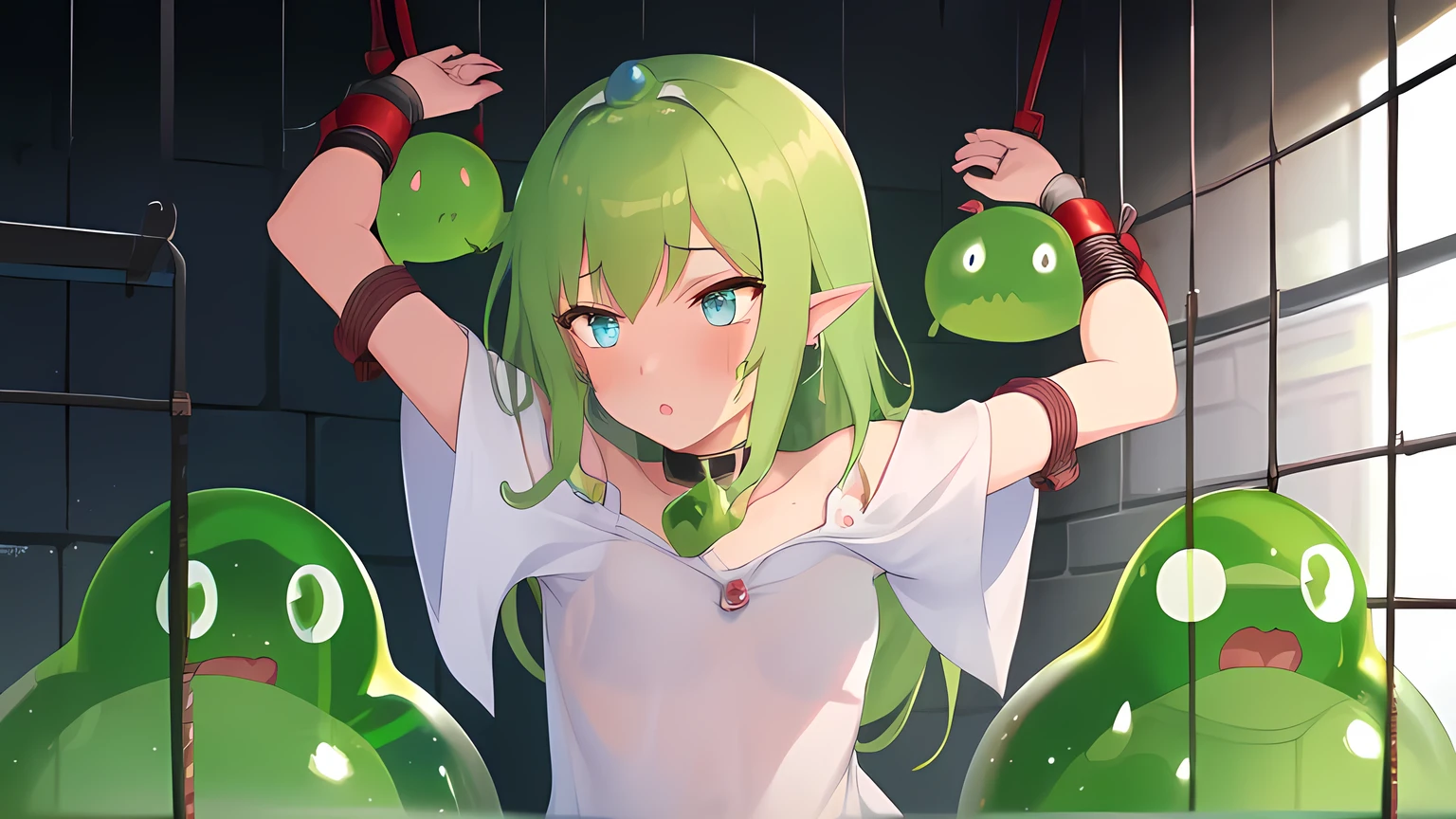 girl stay locked up slime’s body, through the slime, confinement, restrained, bondage, 1 slime monster, big slime, transparent body, air bubble,