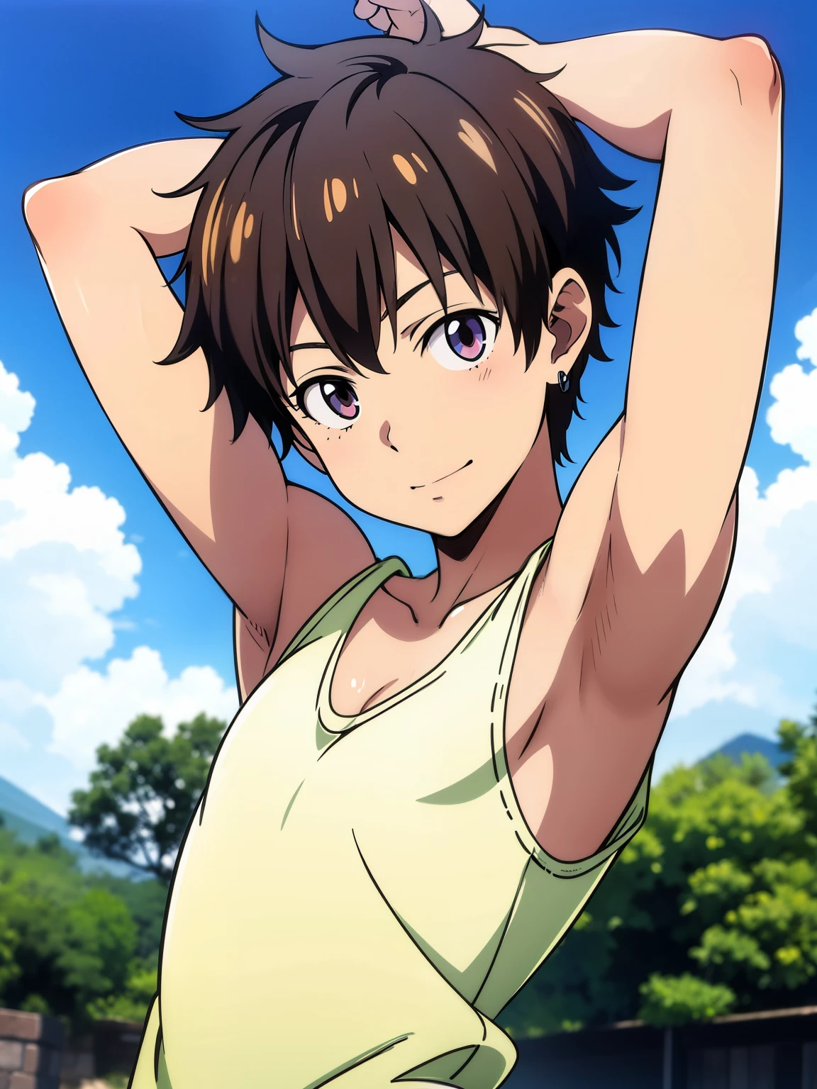 Highres, Masterpiece, Best quality at best,Best Quality,hight quality, hight detailed, Anime style, 1boy, Boy, Shota, Solo person, hansome, Messy hair, Earring, Tank top, slim body, Summer day, Laugh, Slim body, Blurry beckground, Seen from the front, (Showing armpit:1.3), ( boy), (very small and short body), Uhd