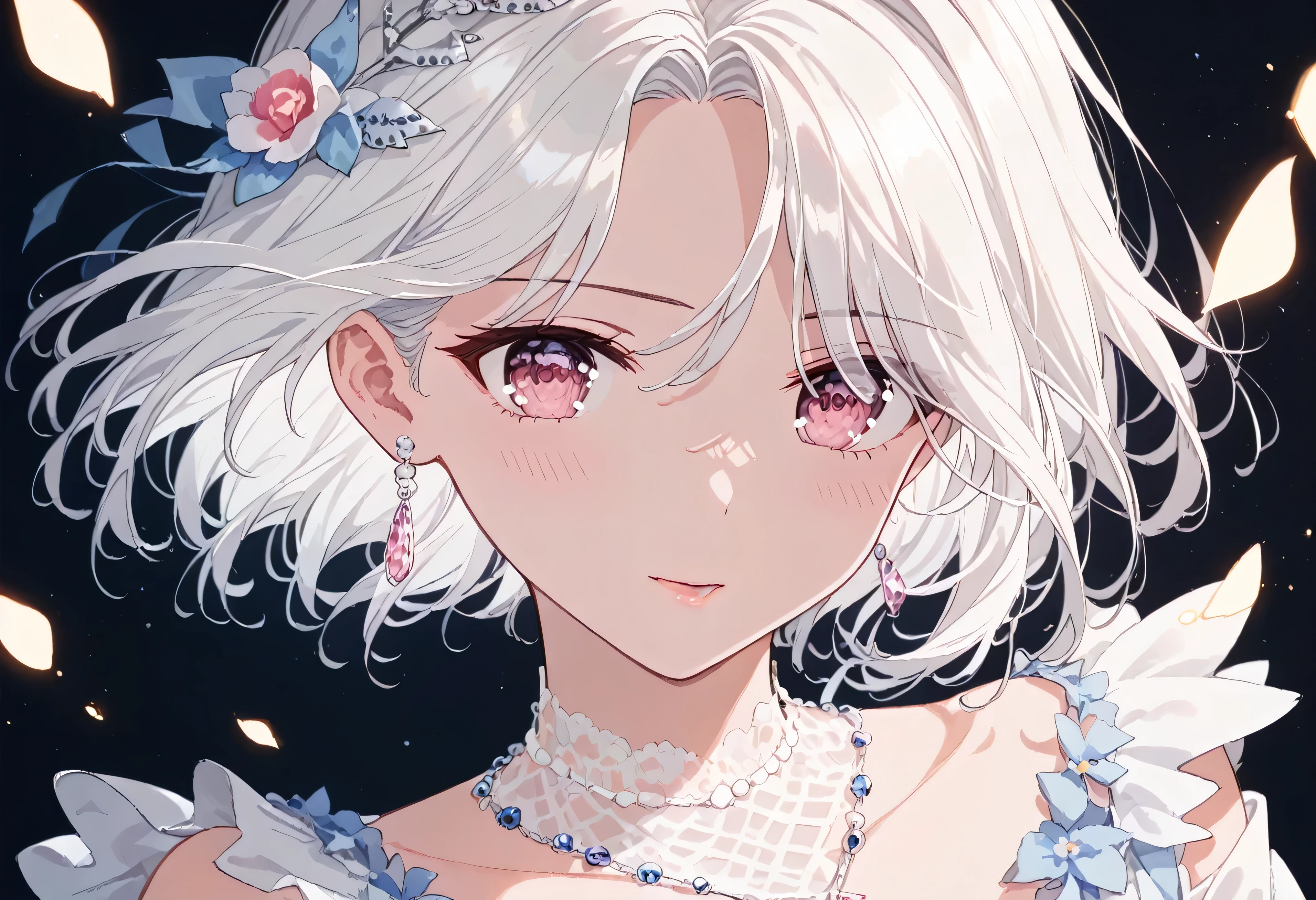 UN\(EOE\),one girl,solo,best quality, masterpiece, ,,break,1girl,(dark background), (Detailed Lighting),,break, super detailed skin,very high resolution, very aesthetic,by famous artist, 8k, 16k,,beauty illustration,photoshop_(small),,(Detailed Lighting),(pink eyes:1.2),(white hair|Detailed hair|short hair|shiny hair|curtained hair),(white dress),bust,(white hoodie:1.2)