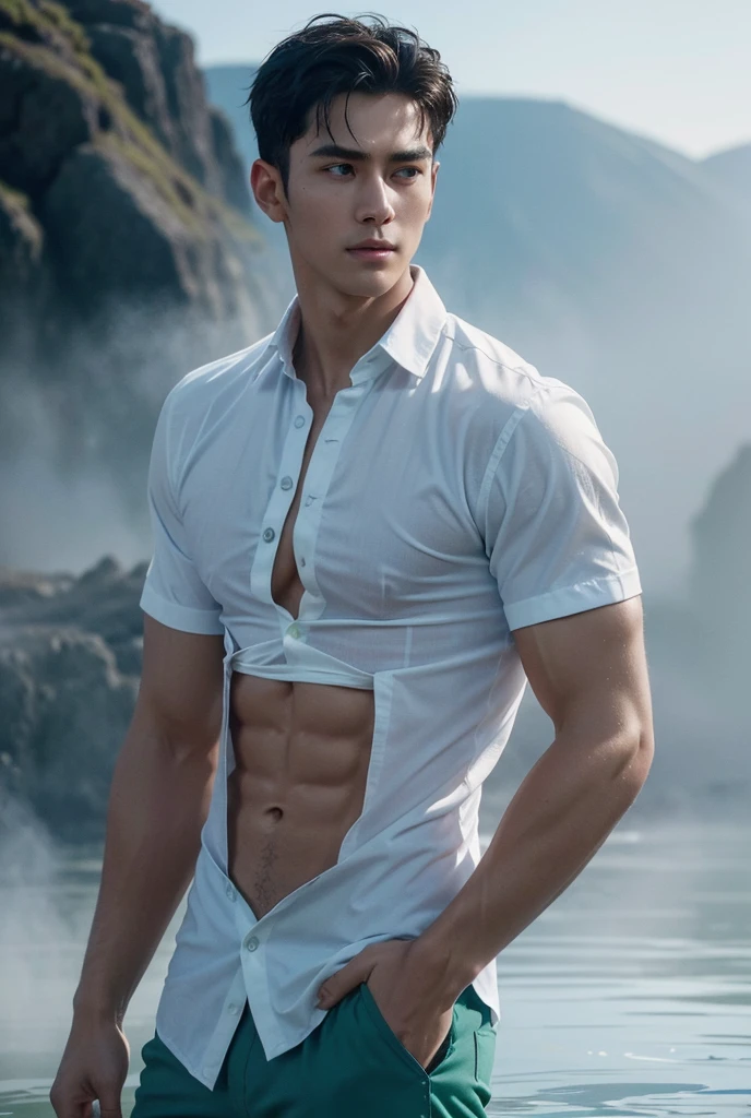 a tall handsome muscular man, solo, extremely detailed face and body, (shiny smooth skin), hot glow in his skin, perfect facial features, beautiful eyes, short hairstyle, sexy gaze, looking at the viewer romantically, explorer, (explorer's clothes, open shirt), ancient ruins, big lake, cloudy sky, lush nature, (best quality,4k,8k,highres,masterpiece:1.2),ultra-detailed,(realistic,photorealistic,photo-realistic:1.37),dramatic lighting,vibrant colors,cinematic composition