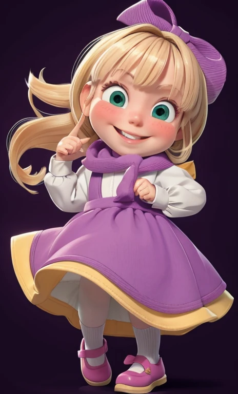 Blonde hair, large green eyes, smiling expression, finger on cheek, rosy cheeks, purple scarf with white lining and bow, covering all the hair, white shirt with blue cuffs, purple dress, full body, pink and yellow shoes, bangs 