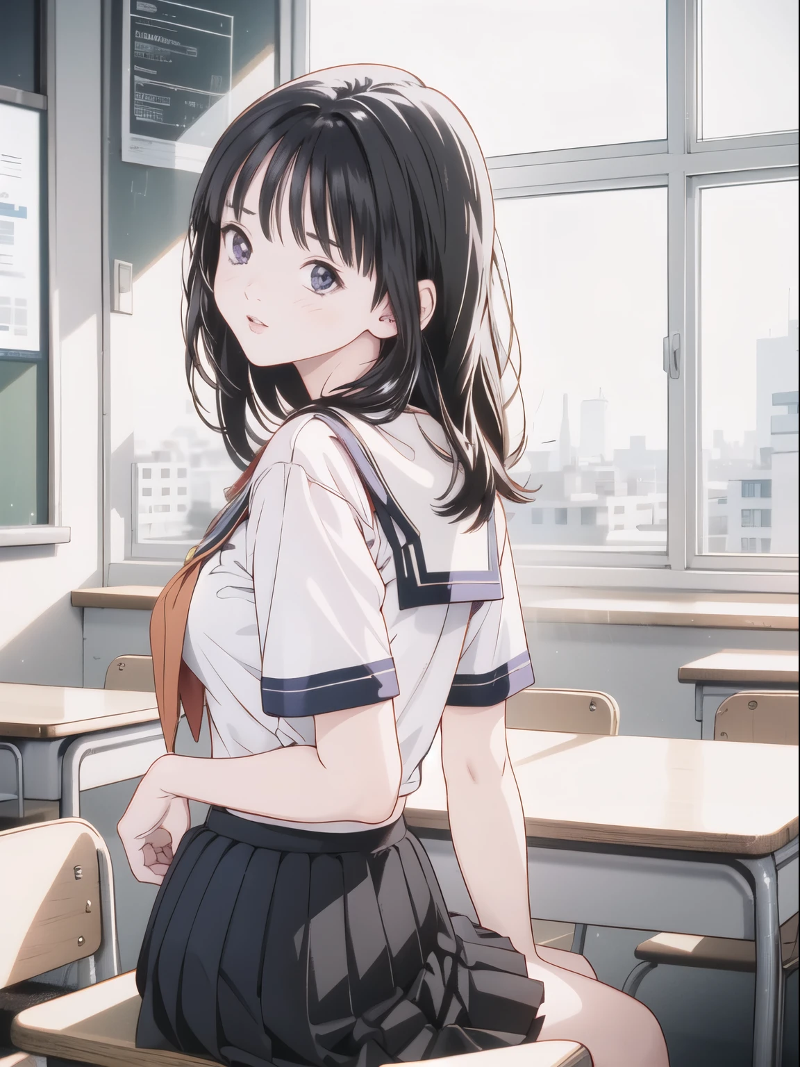 Sweating profusely、Air conditioning is broken、School、In the classroom、Sitting in a chair、Girl、Girl、Short、Younger、Lower school year、Baby Face、flat chest、Dynamic Angle、masterpiece、best quality、ultra-detail、Summer sunshine、Miniskirt、The desks are lined up、There are several classmates behind me.、Clothing、be very anxious、I was so surprised.、Very anxious、window