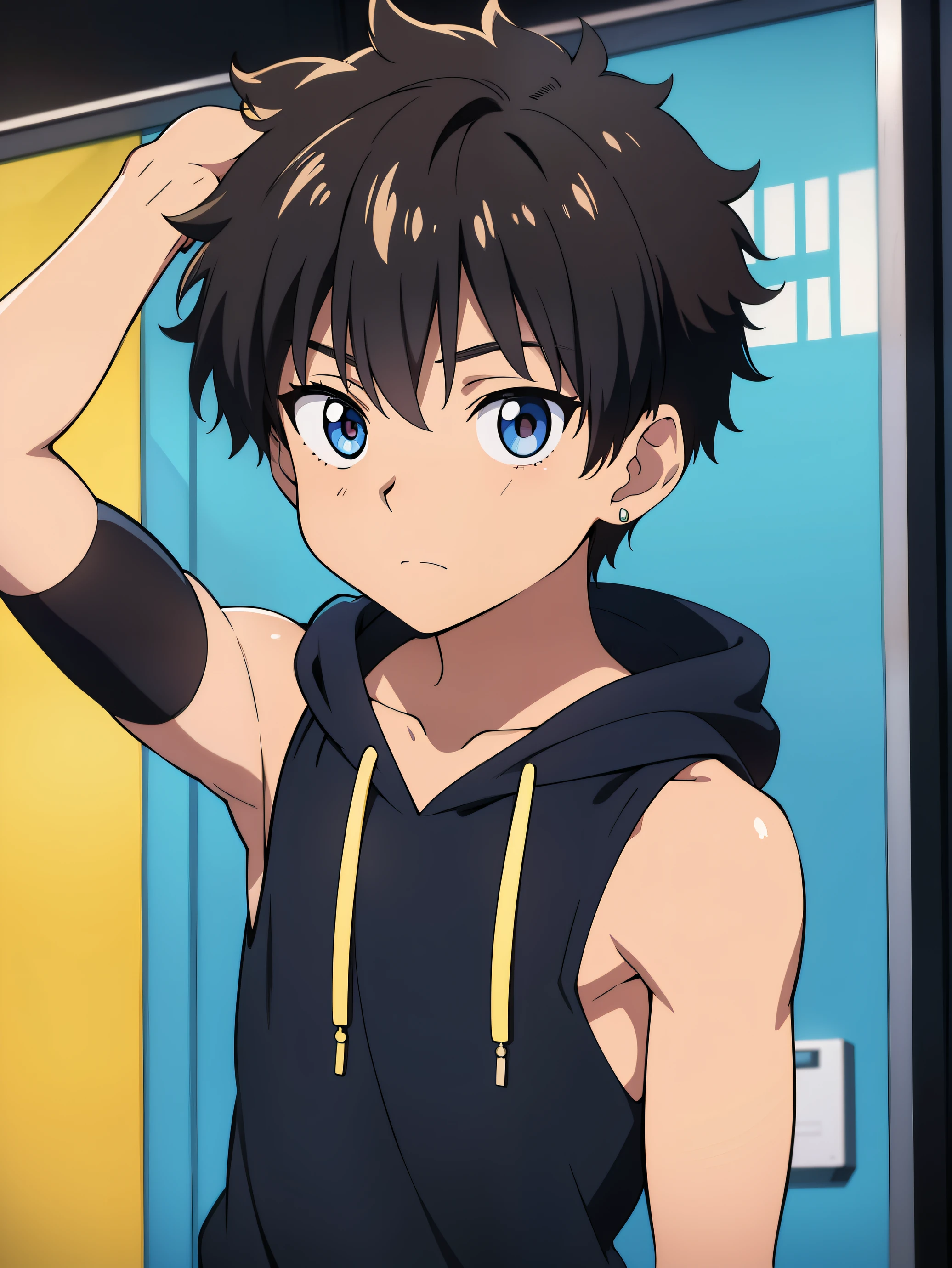 Highres, Masterpiece, Best quality at best,Best Quality,hight quality, hight detailed, Anime style, 1boy, Boy, Shota, Solo person, hansome, Messy hair, Earring, Sleeveless hoodie, Upper body, Summer day, Laugh, Slim body, Blurry beckground, Seen from the front, (Showing armpit:1.3), (very young boy), (very small and short body), Uhd