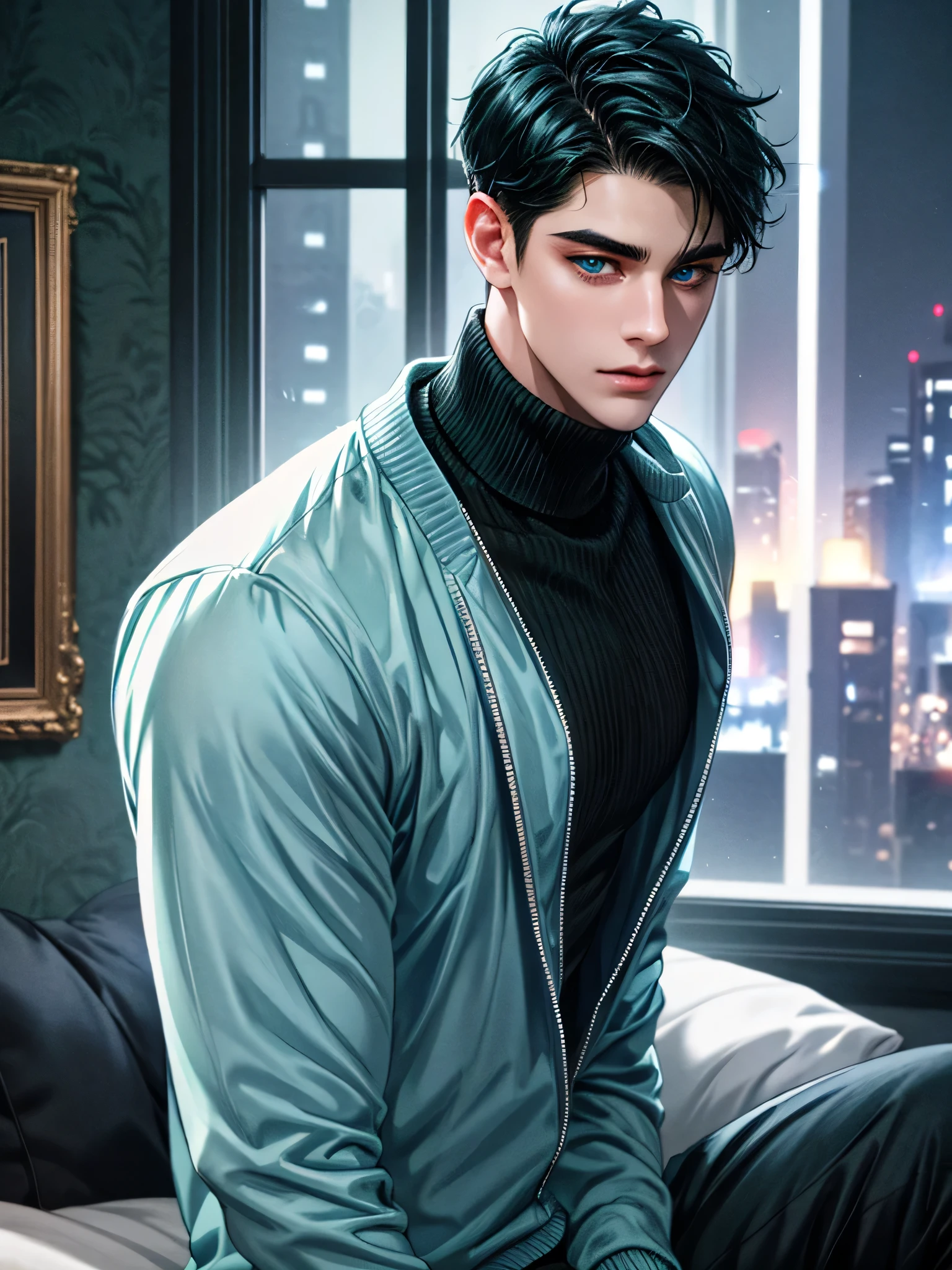 Handsome young man, 2, black hair short hair, blue eyes, ombros largos, masterpiece, Absurd, Beautiful and detailed face, looking lovingly at the viewer, with dark green adidas long sleeved sweater, Night atmosphere with blue lights, a dark room