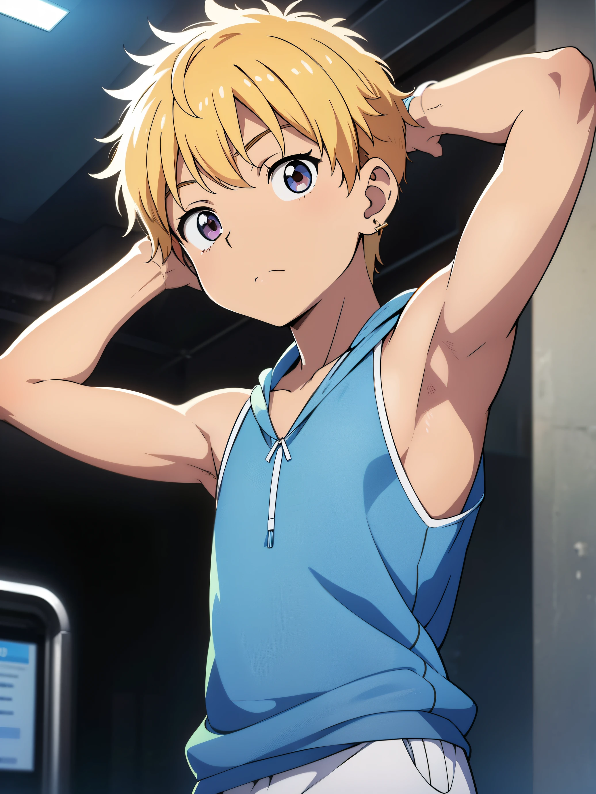 Highres, Masterpiece, Best quality at best,Best Quality,hight quality, hight detailed, Anime style, 1boy, Boy, Shota, Solo person, hansome, Messy hair, earring, Sleeveless hoodie, Upper body, Summer day, Laugh, Slim body, Blurry beckground, Seen from the front, (Showing armpit:1.4), (very young boy), (very small and short body), Uhd