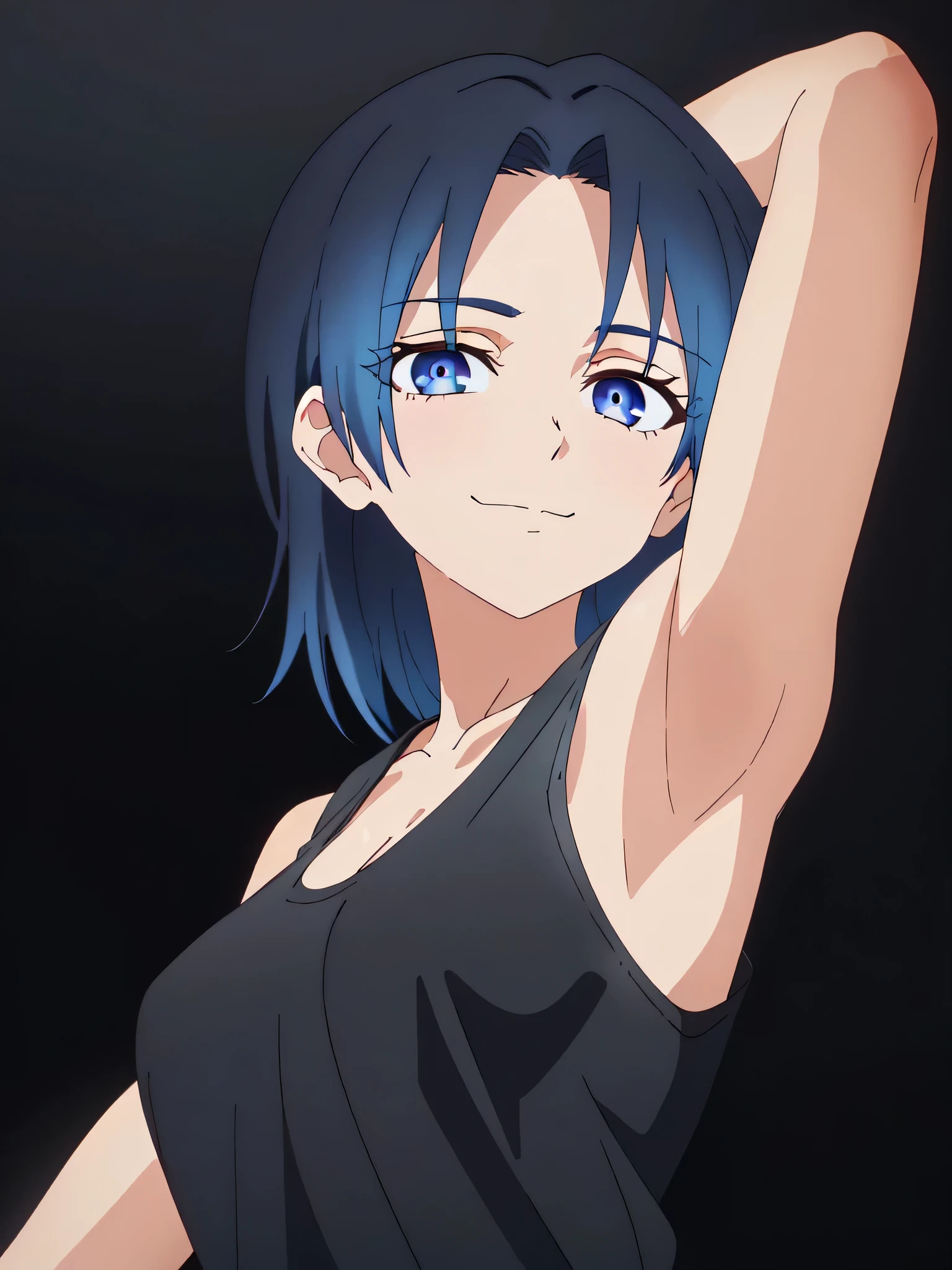 1girl, solo, kamiyaai, blue eyes, shoulder-length hair, medium breasts, (black tank top:1.5), cleavage, collarbone, anime screencap, frontlighting, (simple background, black background, dark background:1.3), masterpiece, absurdres, hdr, soft light, best quality, detailed, highres, shiny skin, shiny hair, (looking at viewer, eye contact with viewer:1.5), smile, (closed mouth:1.2), bare shoulders, bare arms, arm up, raised arm, armpit, (from side, from below:1.4)