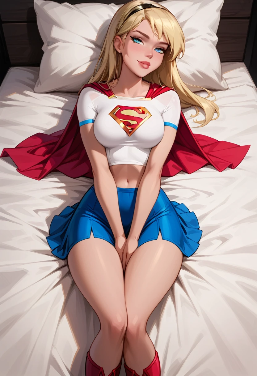 score_9, score_8_up, score_7_up, dcaustyle, 1girl, (Supergirl, blonde, wearing Supergirl costume, tight white tshirt, short sleeves, midriff, Supergirl emblem, blue skirt, tight skirt, short skirt, red cape, short cape, red boots:1.3) flirt, gaze, sexy look, half-closed eyes, head tilt, filled lips, thick lips, makeup, sexy pose, laying on her back on her luxurious bed, (hands between legs, thighs squeezed together, implied masturbation:1.4), naughty smile, aroused, expressiveh d4rk01l, perfect hands, perfect proportions.