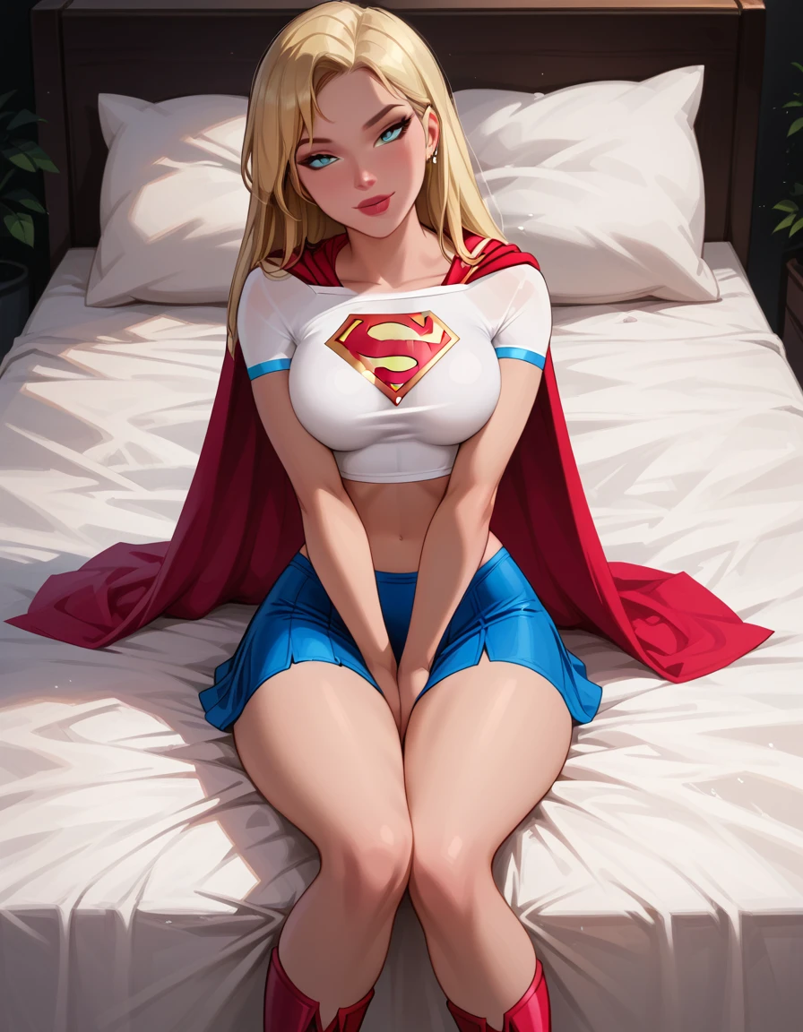 score_9, score_8_up, score_7_up, dcaustyle, 1girl, (Supergirl, blonde, wearing Supergirl costume, tight white tshirt, short sleeves, midriff, Supergirl emblem, blue skirt, tight skirt, short skirt, red cape, short cape, red boots:1.3) flirt, gaze, sexy look, half-closed eyes, head tilt, filled lips, thick lips, makeup, sexy pose, laying on her back on her luxurious bed, (hands between legs, thighs squeezed together, implied masturbation:1.4), naughty smile, aroused, expressiveh d4rk01l, perfect hands, perfect proportions.