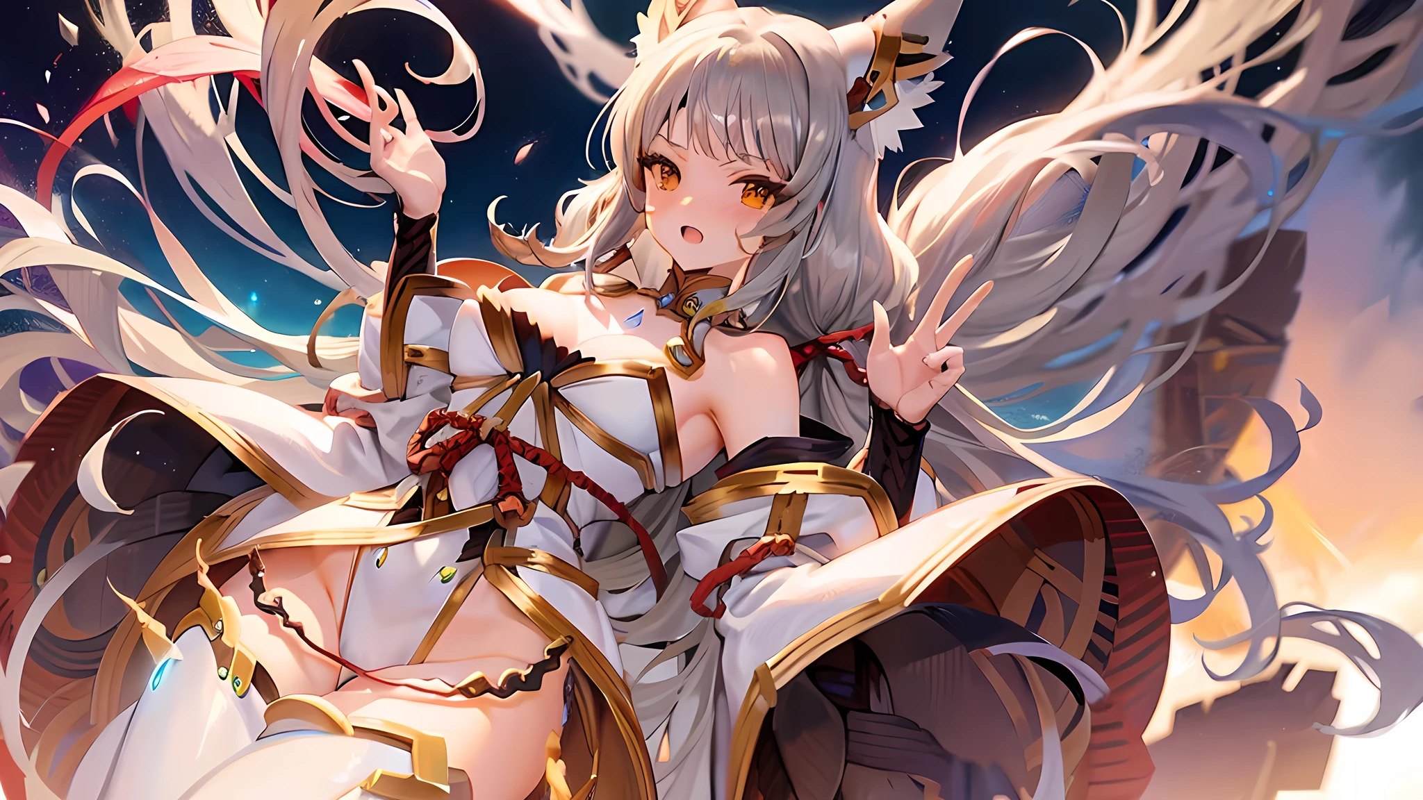 Nia blade form from Xenoblade, silver hair, very long hair, huge breasts, anime style, cleavage, sexy dress