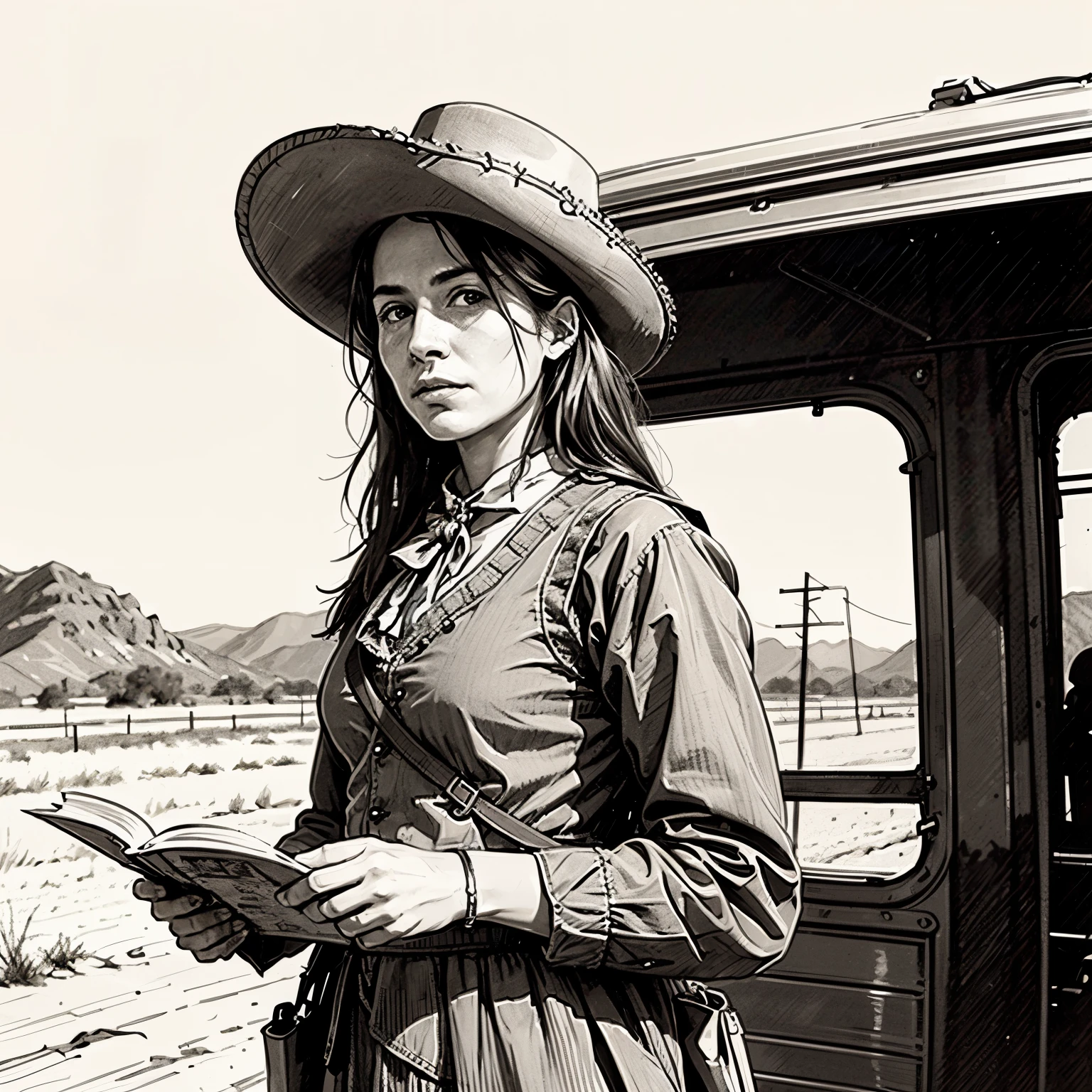 sketch, drawing, stagecoach, wild west, desert